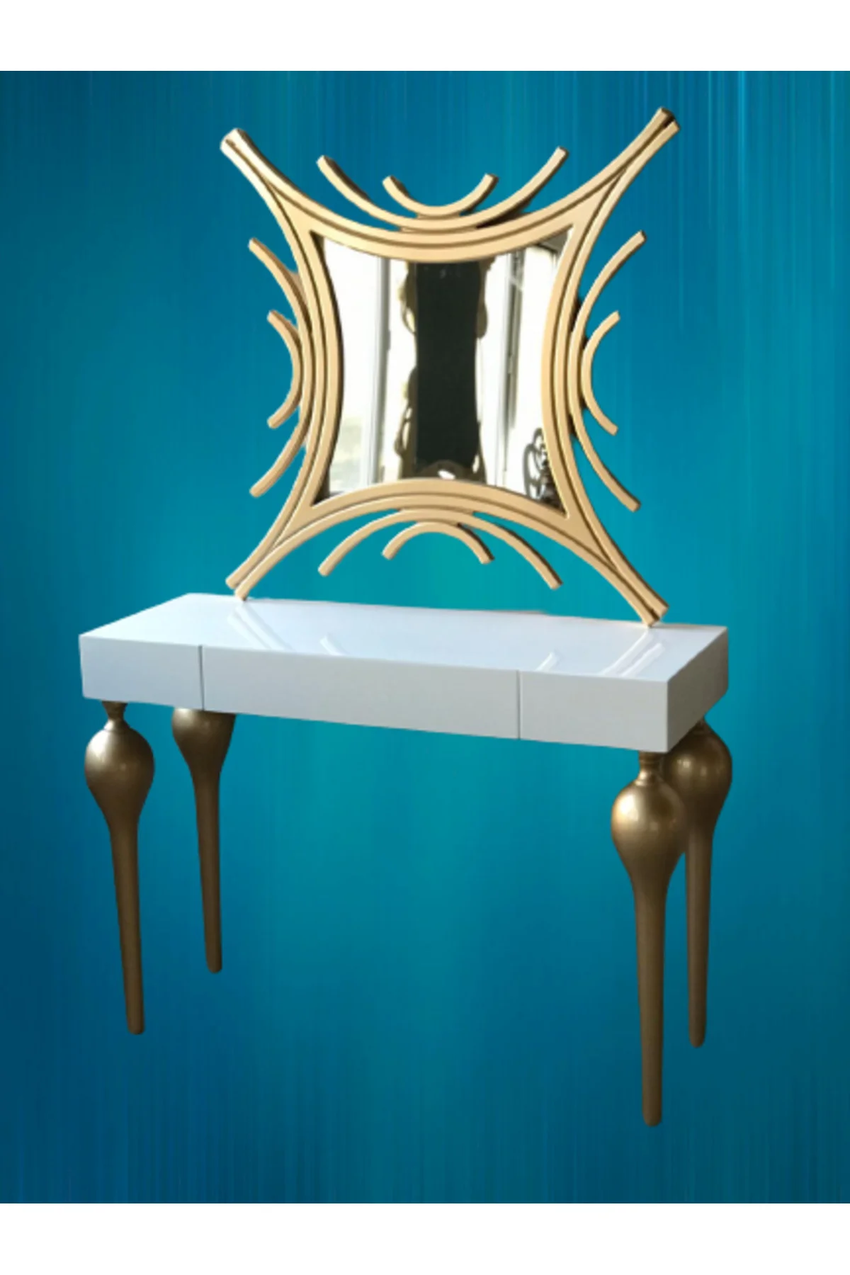 Dresuar 18468 TOMBUL model Kayın ayak MDF Çekmec tabla Parlak GOLD-beyaz uyum - Görsel 5