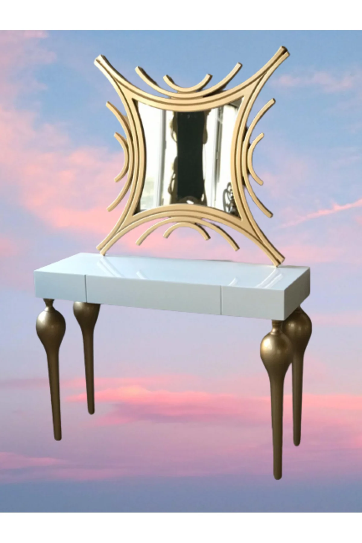 Dresuar 18468 TOMBUL model Kayın ayak MDF Çekmec tabla Parlak GOLD-beyaz uyum - Görsel 6