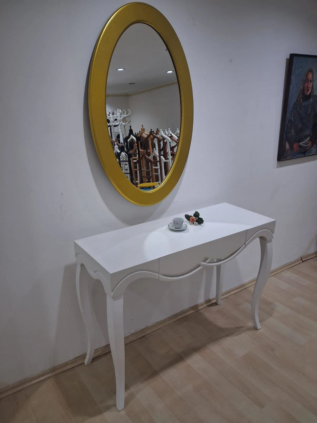 Dresuar Cnc Çökertme 90671 Model Oval Gold Renk Ayna Lake Beyaz T
