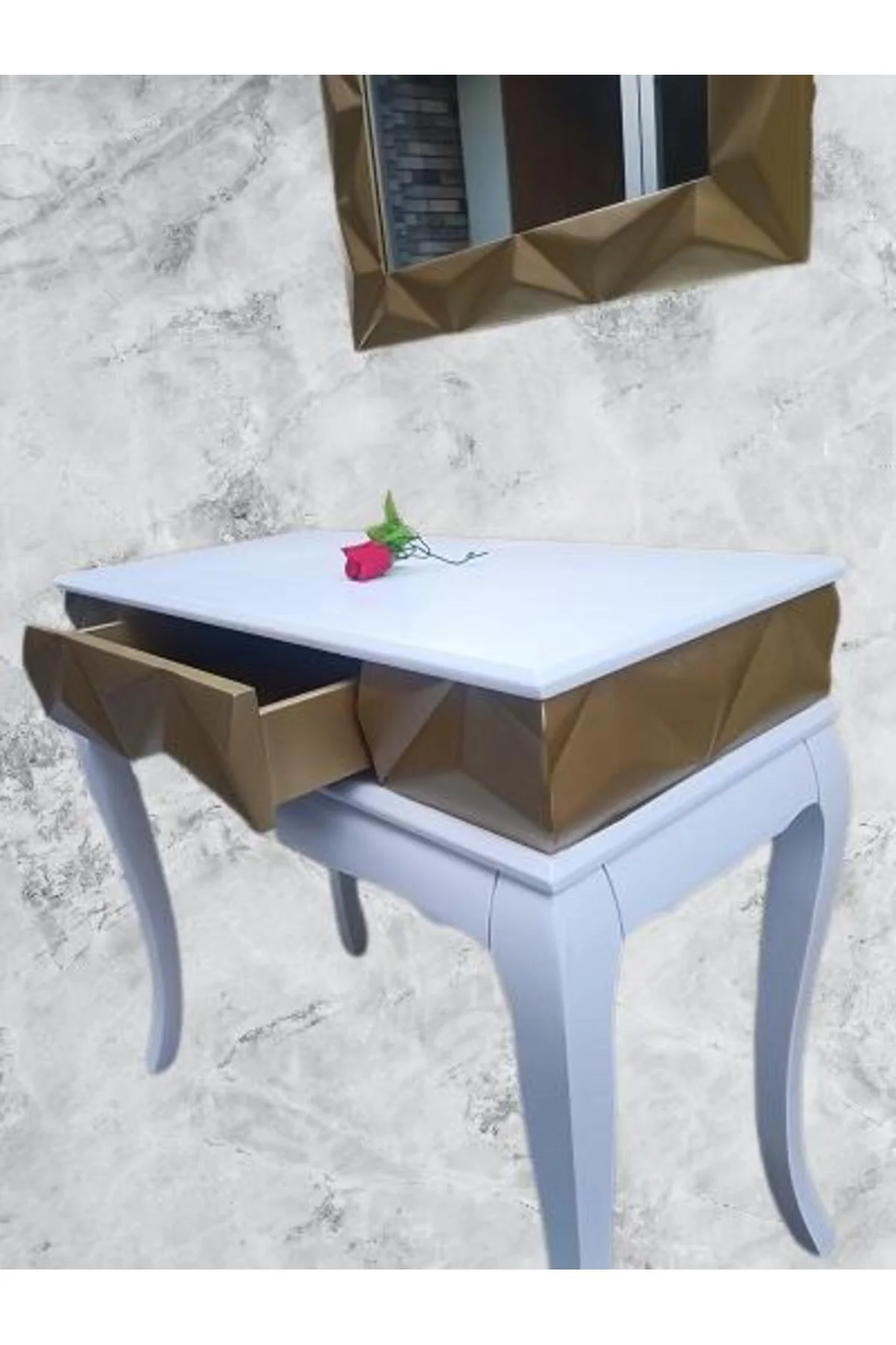 Dresuar Piramit MODEL90519 Kayın Lükens Ayak MDF Tabla Ve Ayna Gold Beyaz ElYapım - Görsel 3
