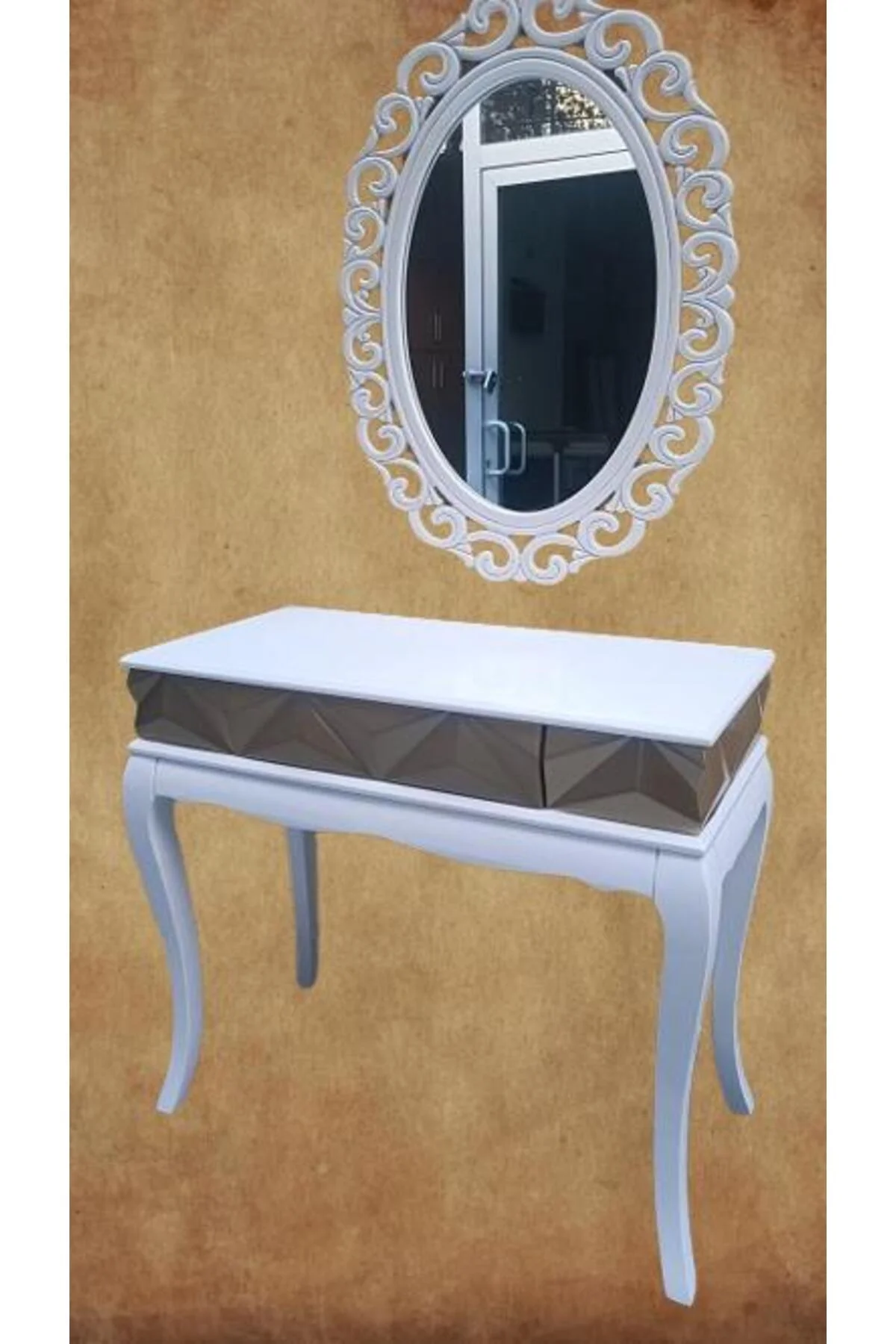 Dresuar Piramit Model 90520 Kayın Lükens Ayak Nakış Ayna Piramit Tabla Gold Beyaz - Görsel 7