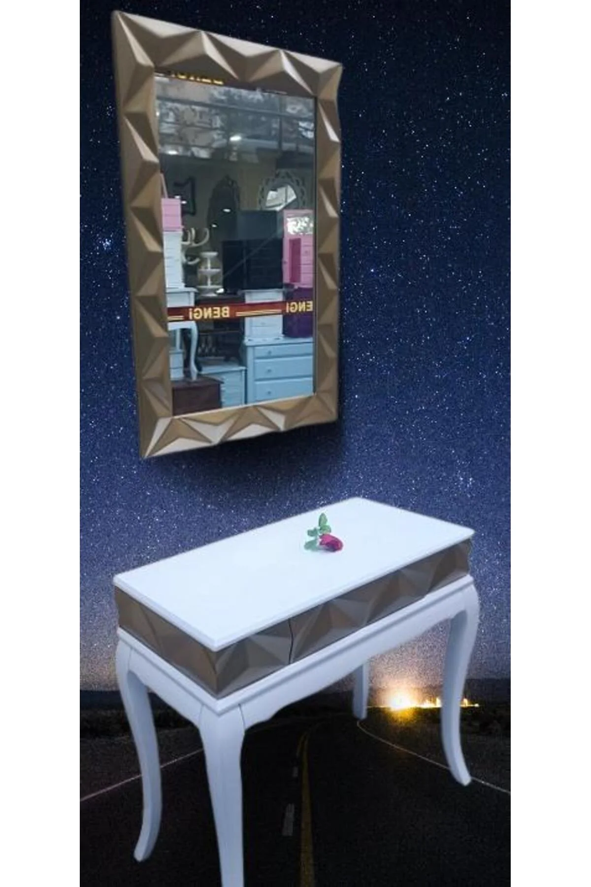 Dresuar Piramit MODEL90519 Kayın Lükens Ayak MDF Tabla Ve Ayna Gold Beyaz ElYapım - Görsel 7