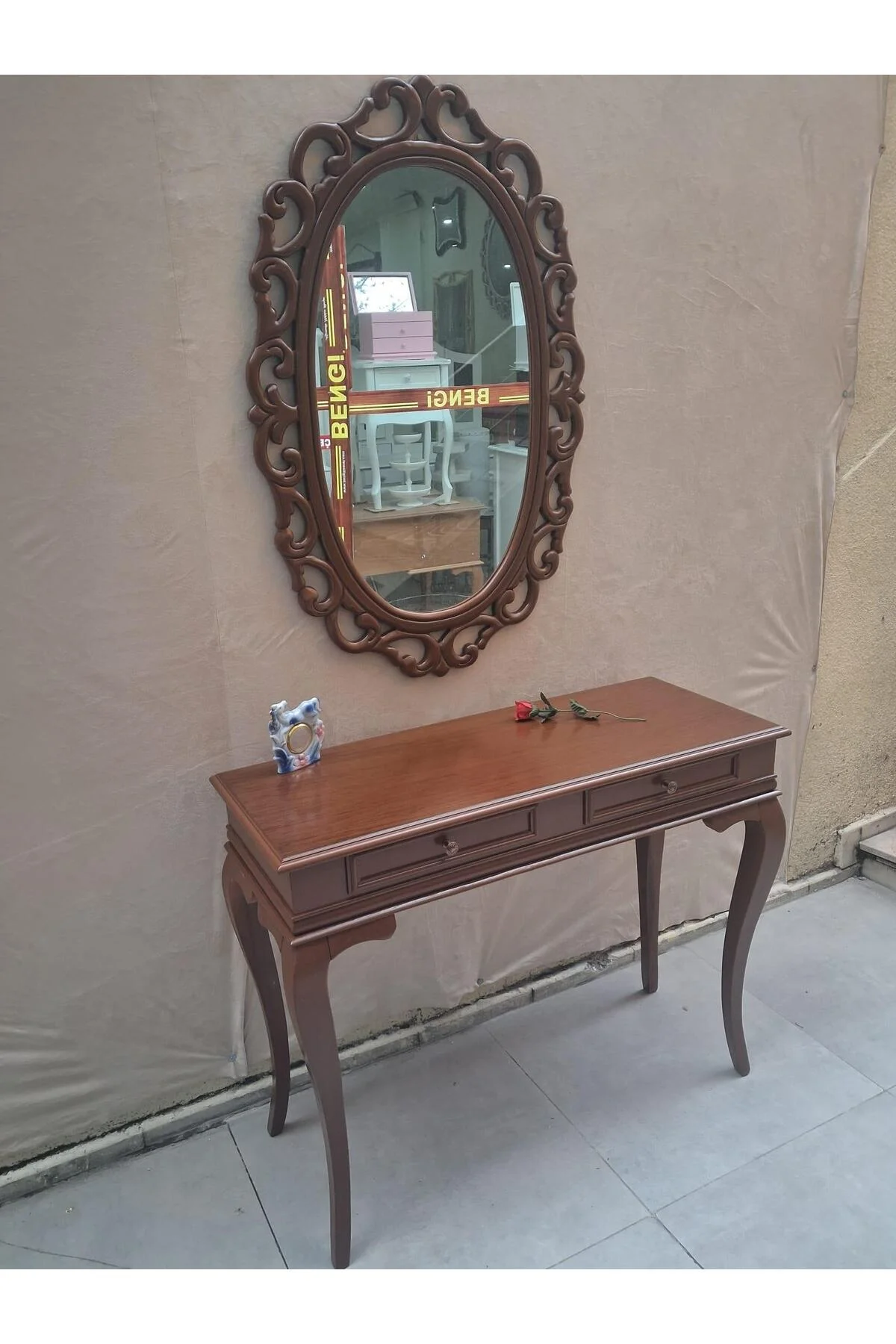 Dresuar ST 90599 Çift Çekmece Oval Ayna Rustik Aslan Ayak Kayın Kaplam Ceviz Renk - Görsel 6