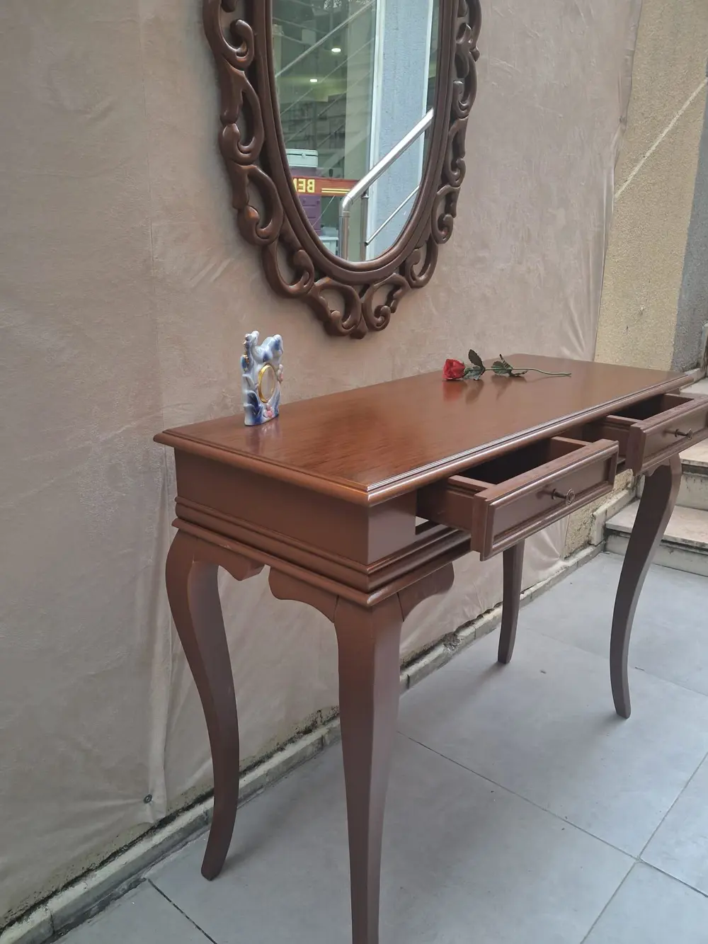 Dresuar ST 90599 Çift Çekmece Oval Ayna Rustik Aslan Ayak Kayın K