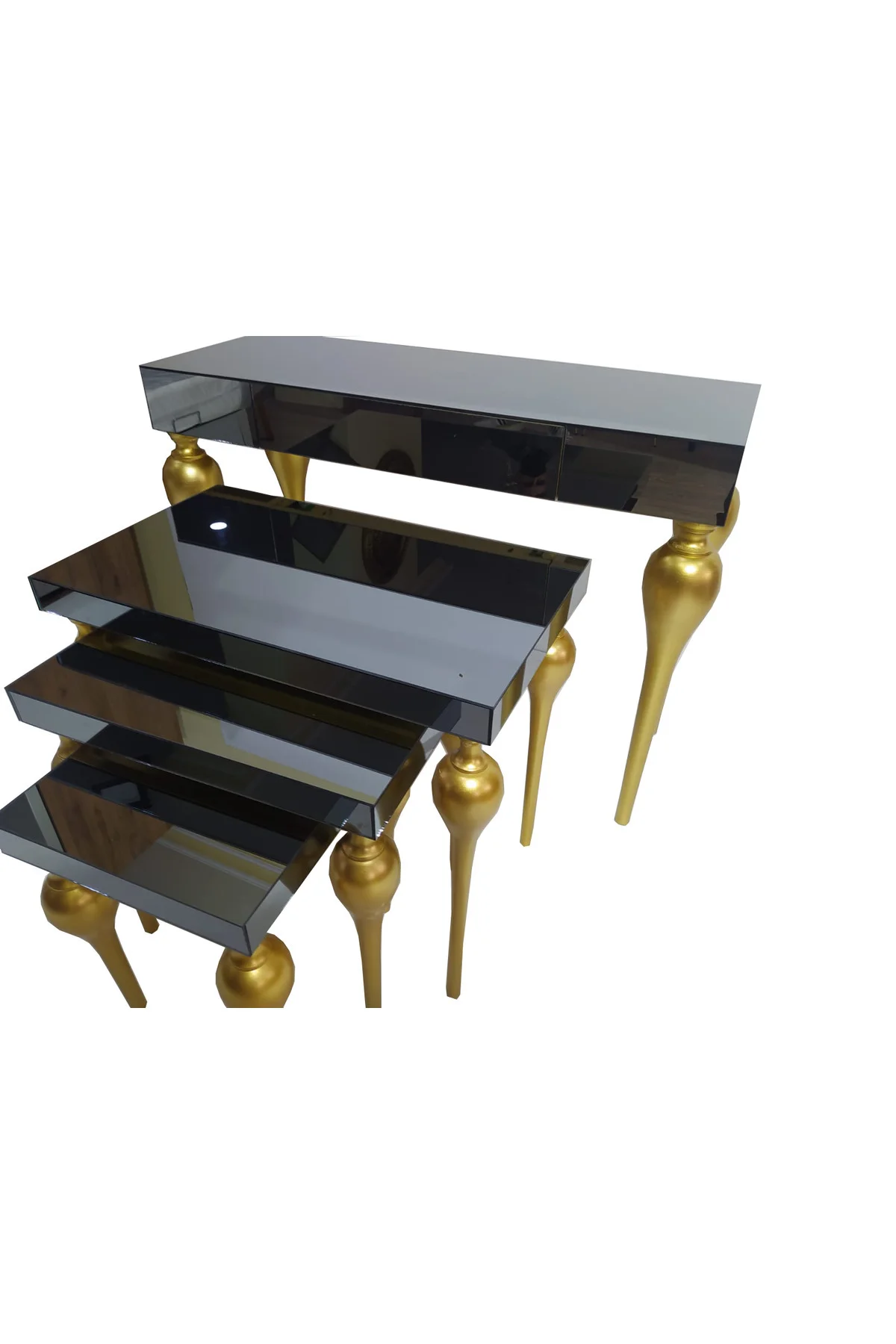 Dresuar-Zigon 18216 Tombul ayak Model Kayın MDF tabla Parlak gold Füme cam kaplam - Görsel 2