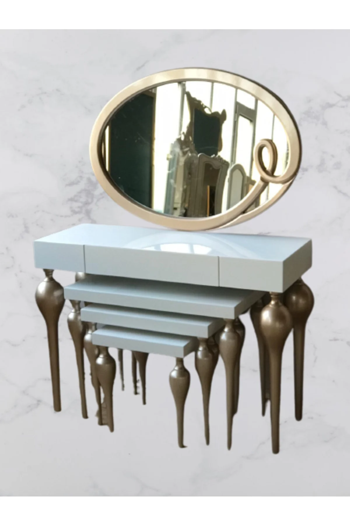 Dresuar-Zigon ST 18186 Tombul İmza Oval ayna Kayın MDF ayak Tabla GOLDBeyaz UYUM Dresuar-Zigon ST 18186 Tombul İmza Oval ayna Kayın MDF ayak Tabla GOLDBeyaz UYUM - Görsel 3