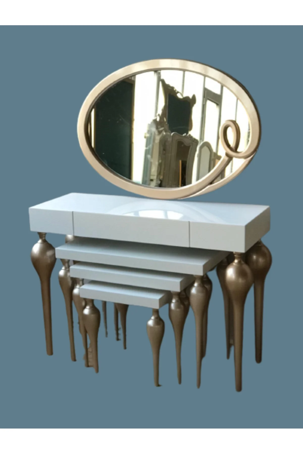 Dresuar-Zigon ST 18186 Tombul İmza Oval ayna Kayın MDF ayak Tabla GOLDBeyaz UYUM Dresuar-Zigon ST 18186 Tombul İmza Oval ayna Kayın MDF ayak Tabla GOLDBeyaz UYUM