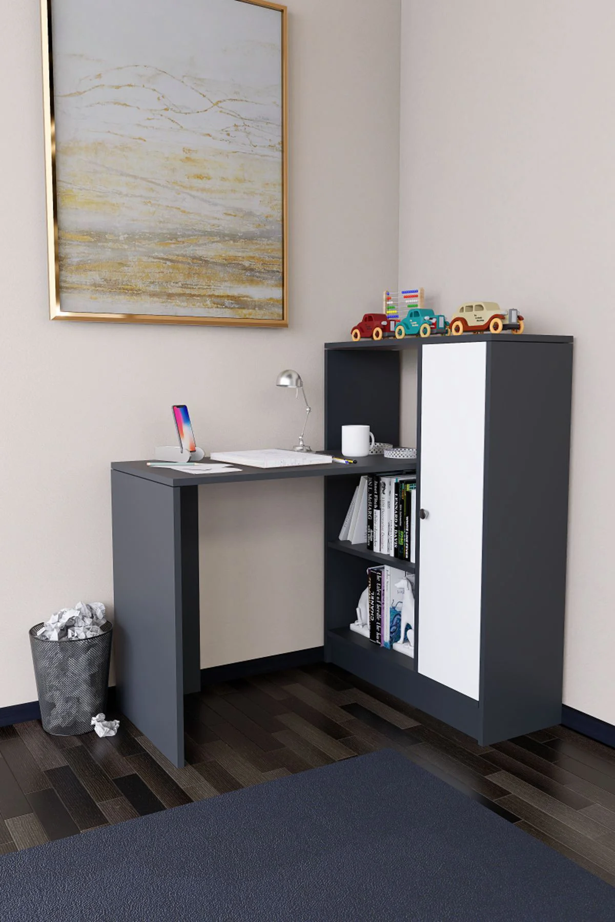 Drithe Modern Dolaplı Kitaplıklı Çalışma Masası Antrasit-Beyaz