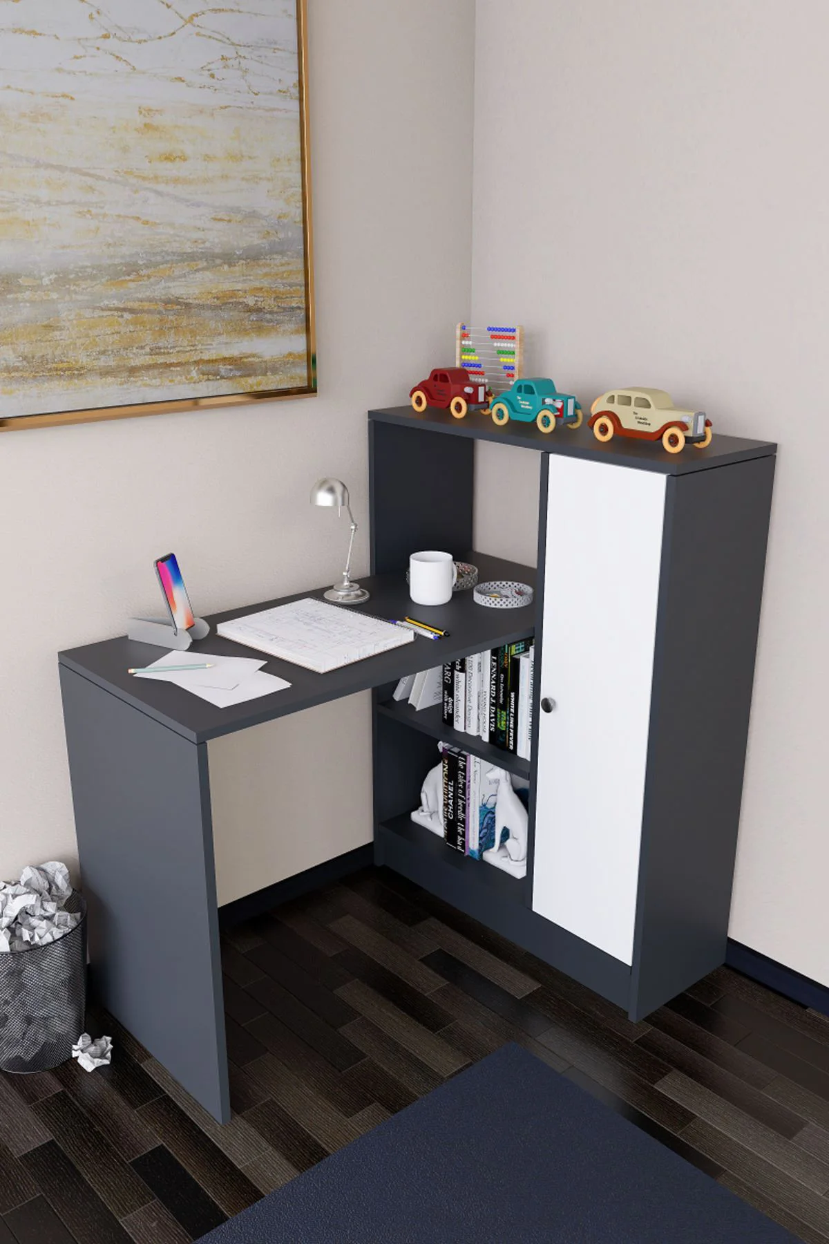 Drithe Modern Dolaplı Kitaplıklı Çalışma Masası Antrasit-Beyaz