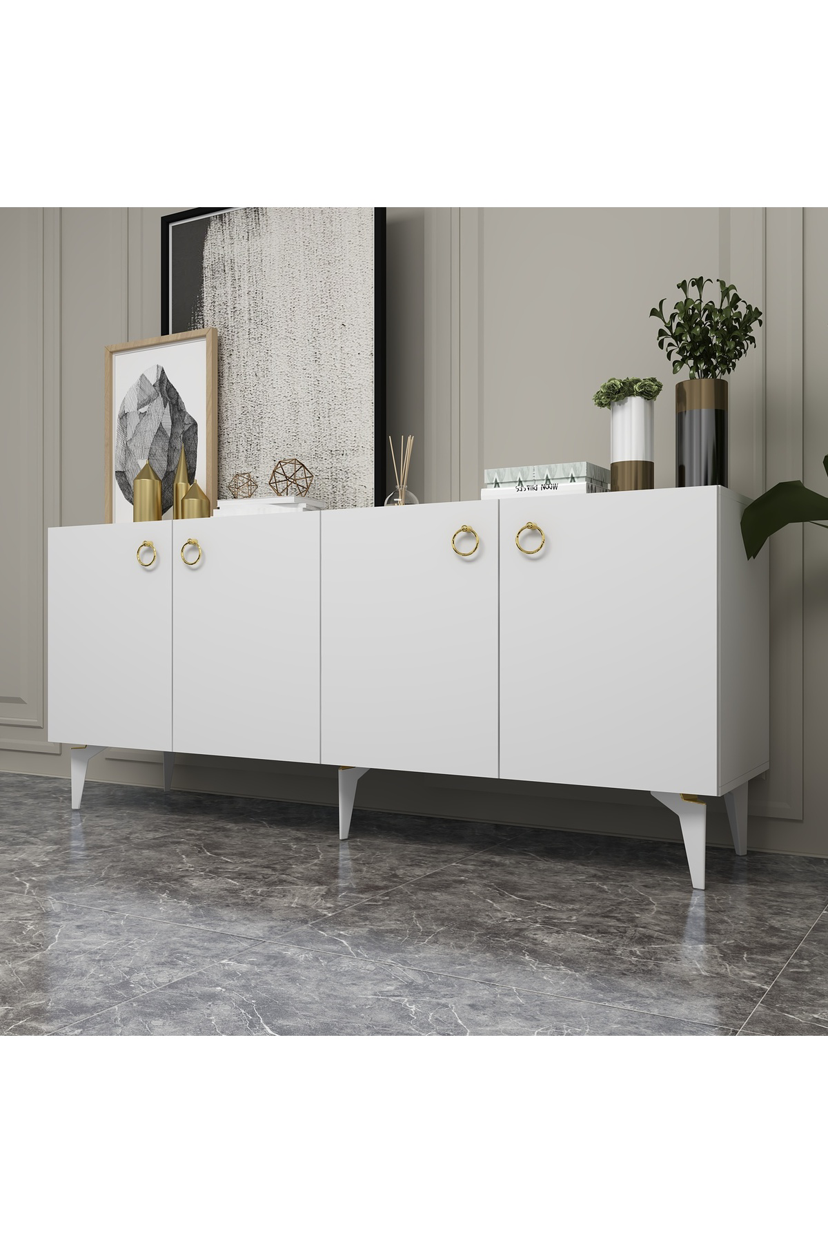 Demonte Decor Drone Konsol 4 Kapaklı, 4 Raflı Beyaz-Beyaz