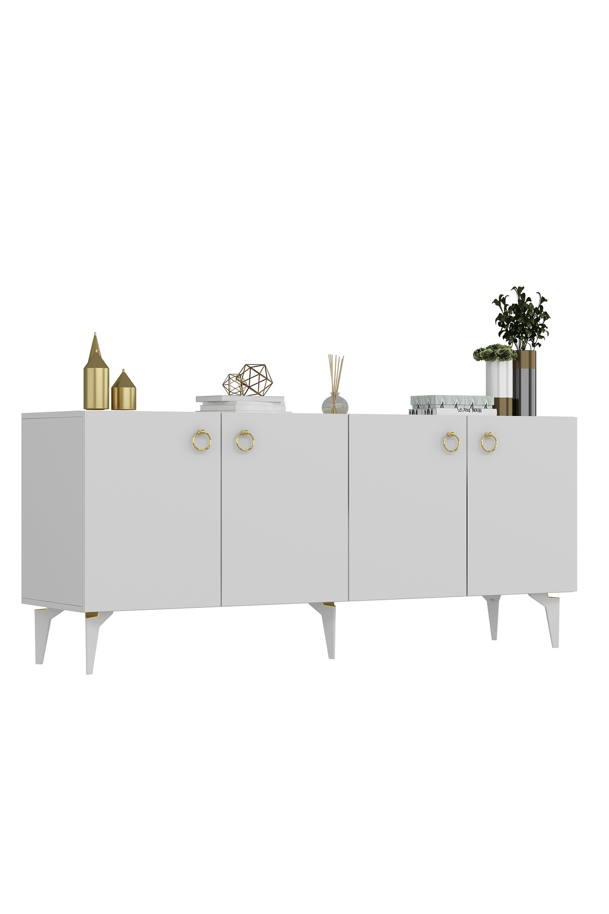 Demonte Decor Drone Konsol 4 Kapaklı, 4 Raflı Beyaz-Beyaz