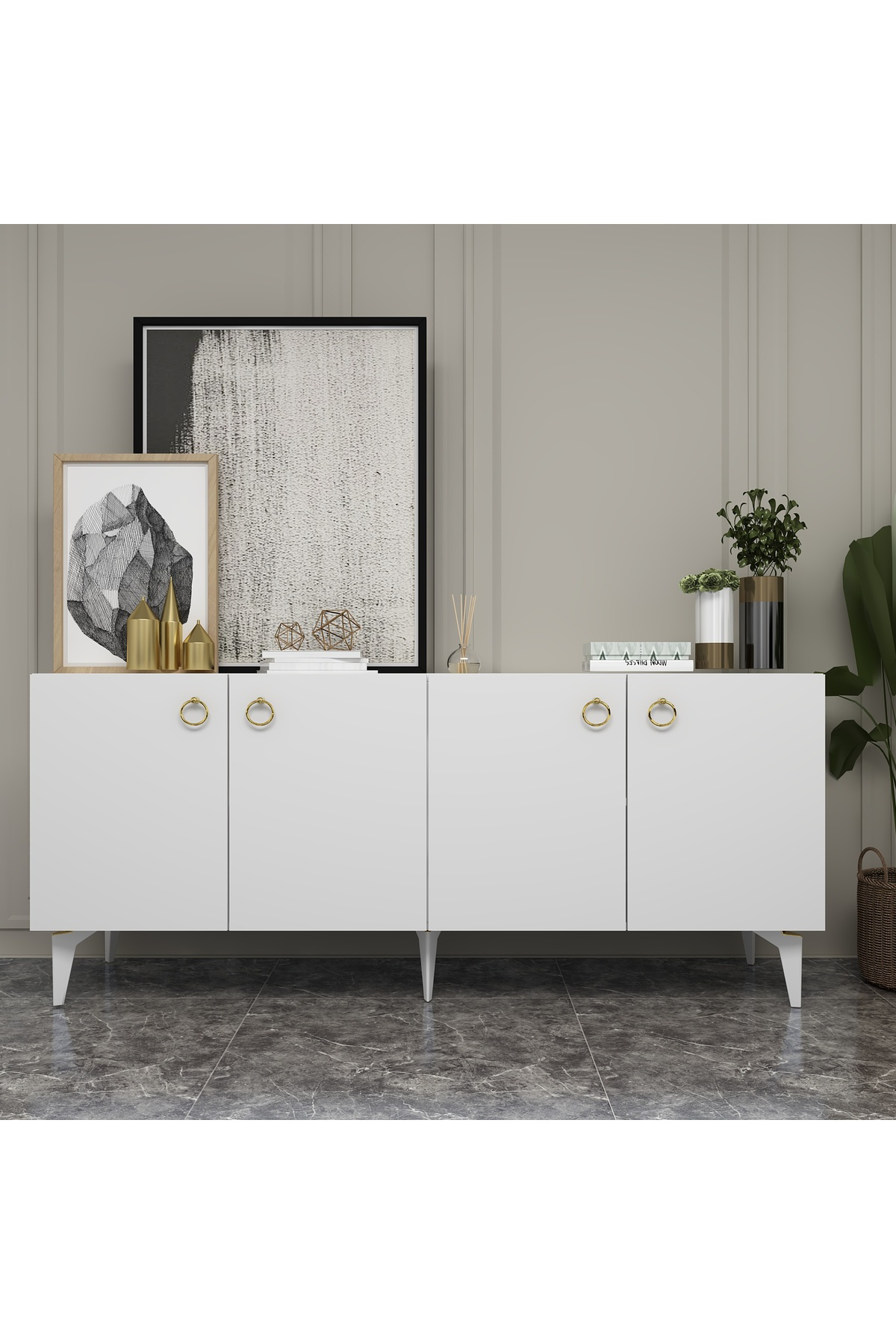 Demonte Decor Drone Konsol 4 Kapaklı, 4 Raflı Beyaz-Beyaz