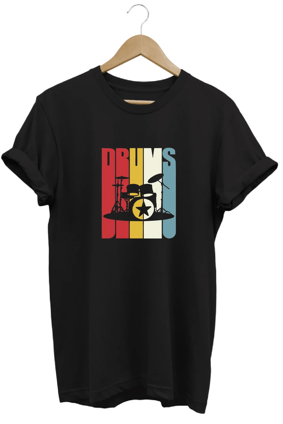 Drum Davul Baskılı %100 Pamuk Regular Fit Bisiklet Yaka T-shirt