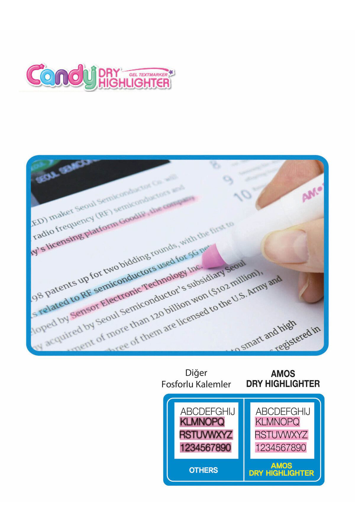 Amos Dry Highlighter - Fosforlu Jel Kalem - Pastel Mor