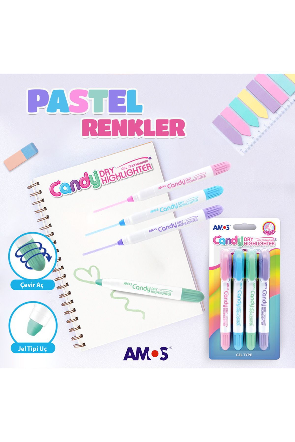 Amos Dry Highlighter - Fosforlu Jel Kalem - Pastel Mor