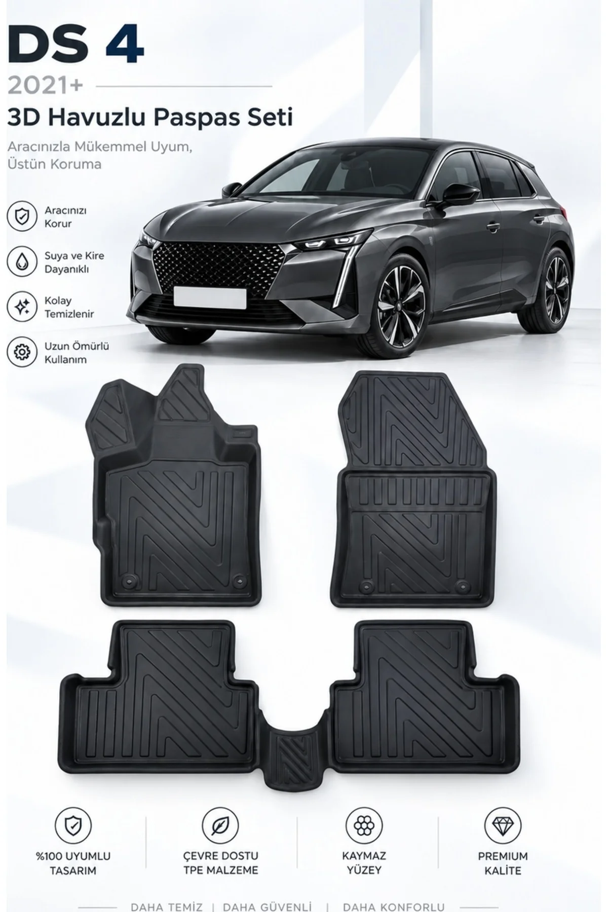 DS 4 2022 Sonrası Karbon Desenli Premium 3D Havuzlu Oto Paspas