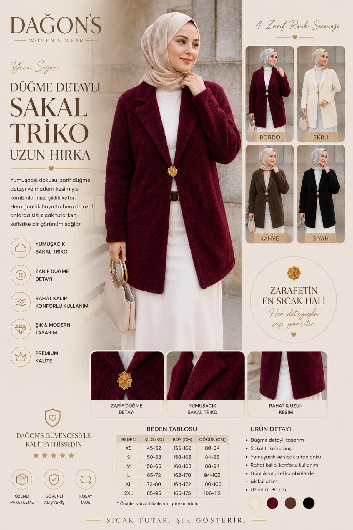 Düğme Detaylı Kadın Sakal Triko Uzun Hırka- Mont 80 Cm