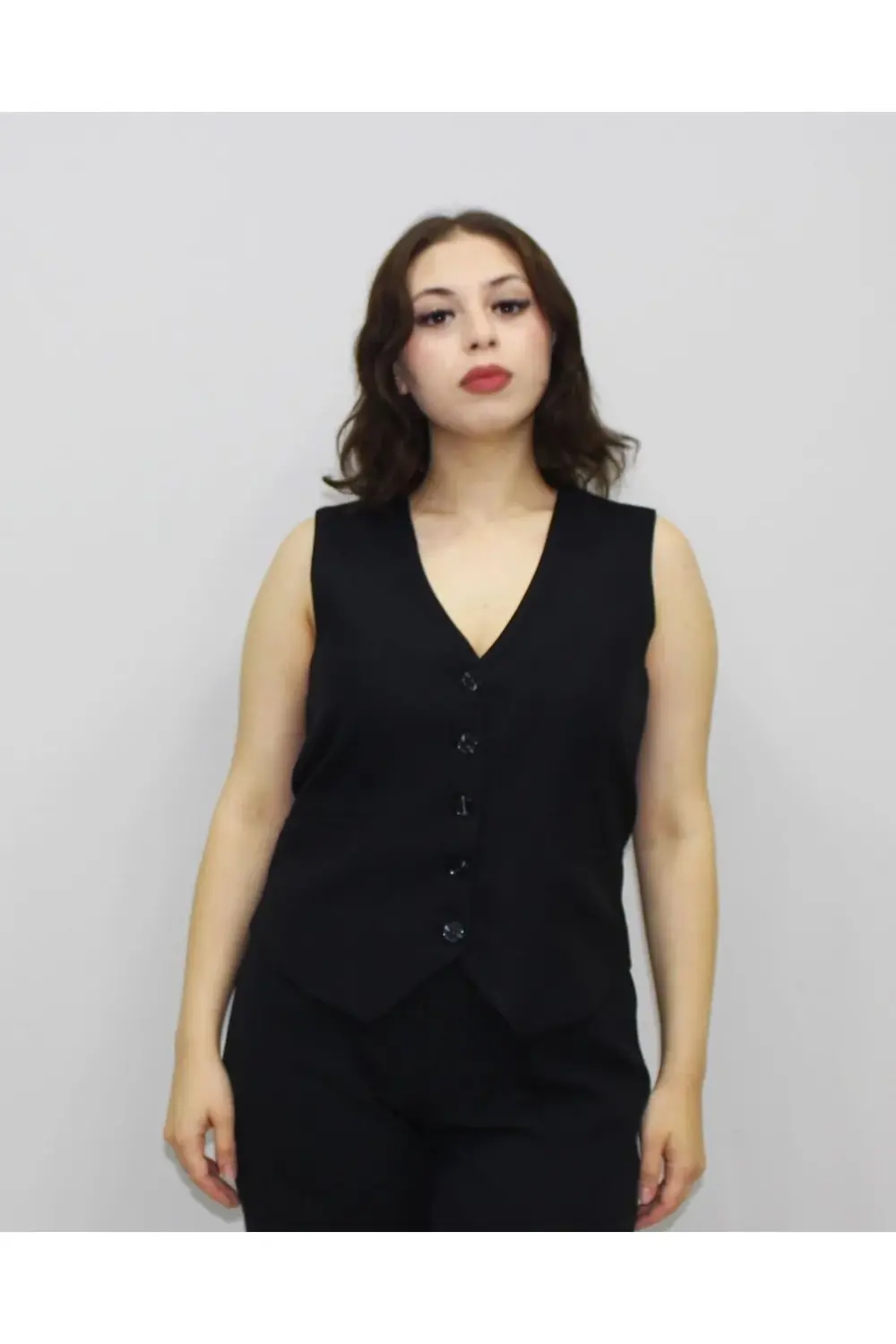 Düğmeli Cep Detaylı Keten Klasik Yelek