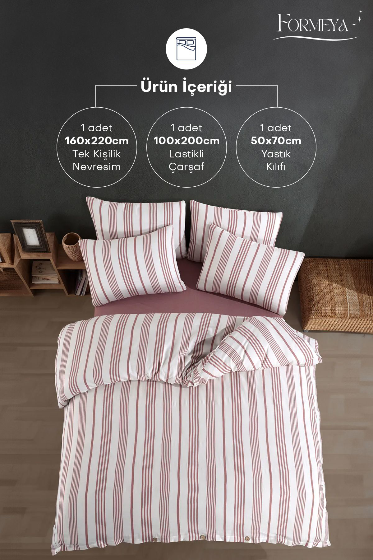 Formeya Düğmeli Lastikli Çarşaflı Pamuklu İpliği Boyalı Tek Kişilik Nevre