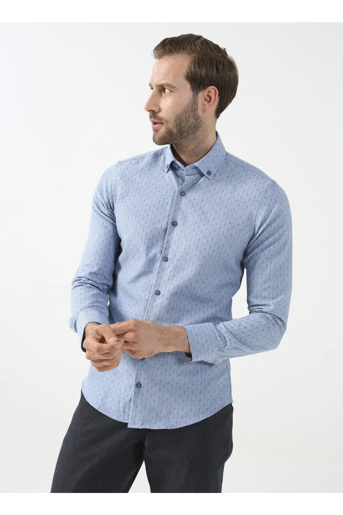 Düğmeli Slim Fit Baskılı Mavi - Buz Erkek Gömlek Gm2008100095