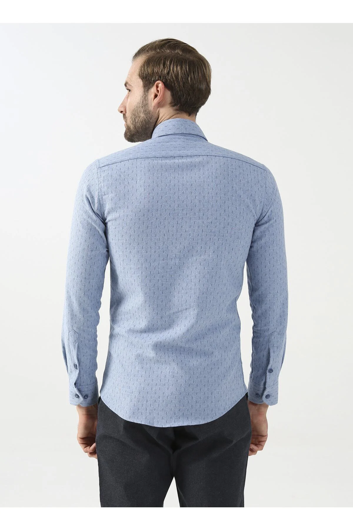 Düğmeli Slim Fit Baskılı Mavi - Buz Erkek Gömlek Gm2008100095