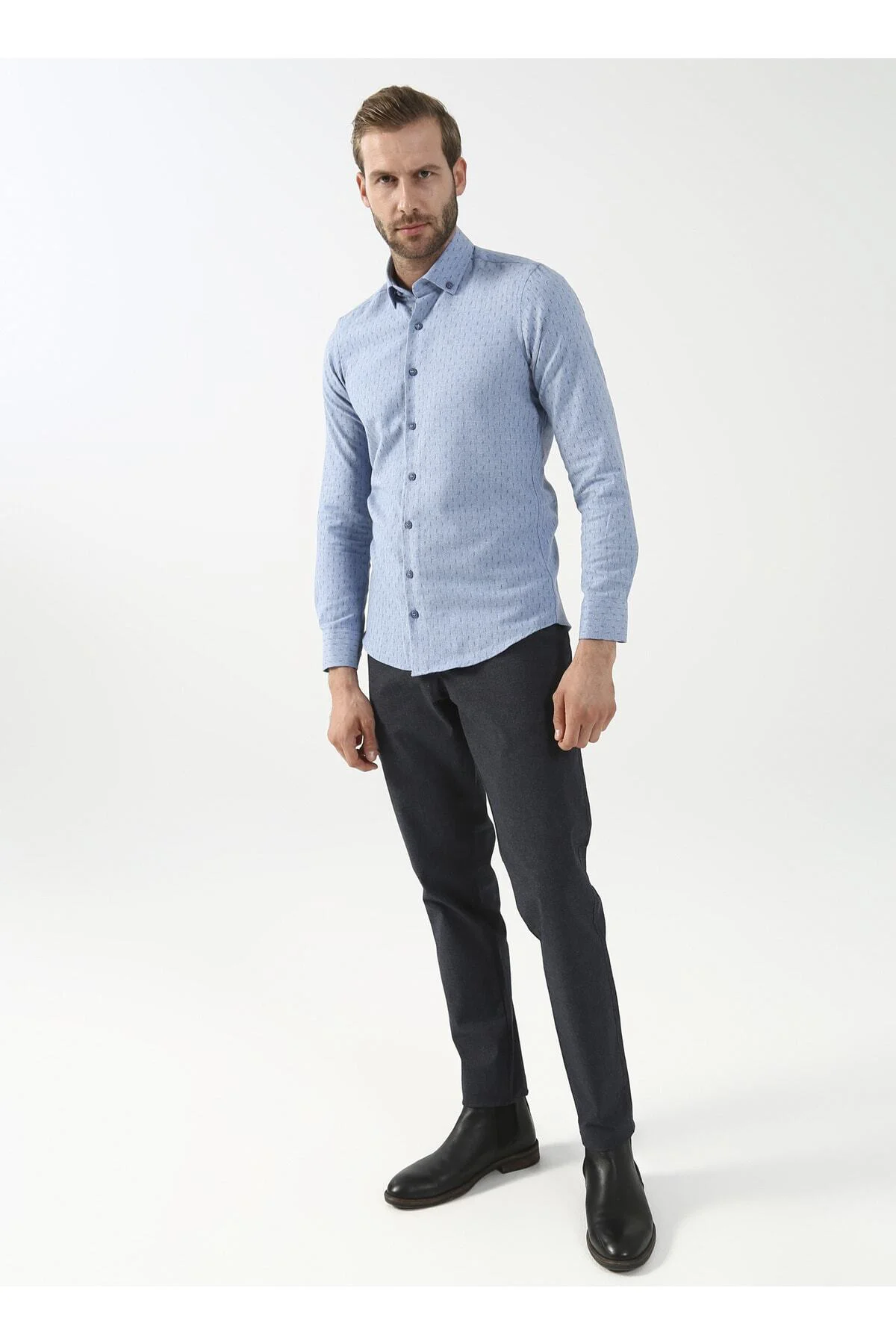 Düğmeli Slim Fit Baskılı Mavi - Buz Erkek Gömlek Gm2008100095