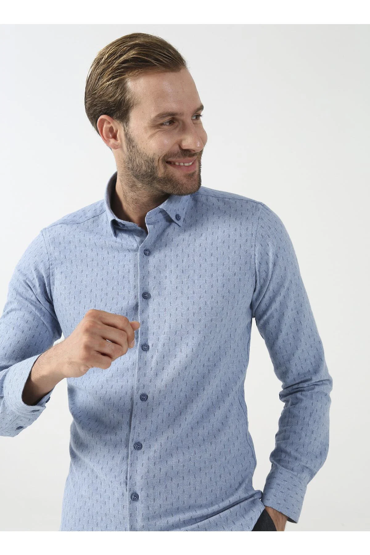 Düğmeli Slim Fit Baskılı Mavi - Buz Erkek Gömlek Gm2008100095