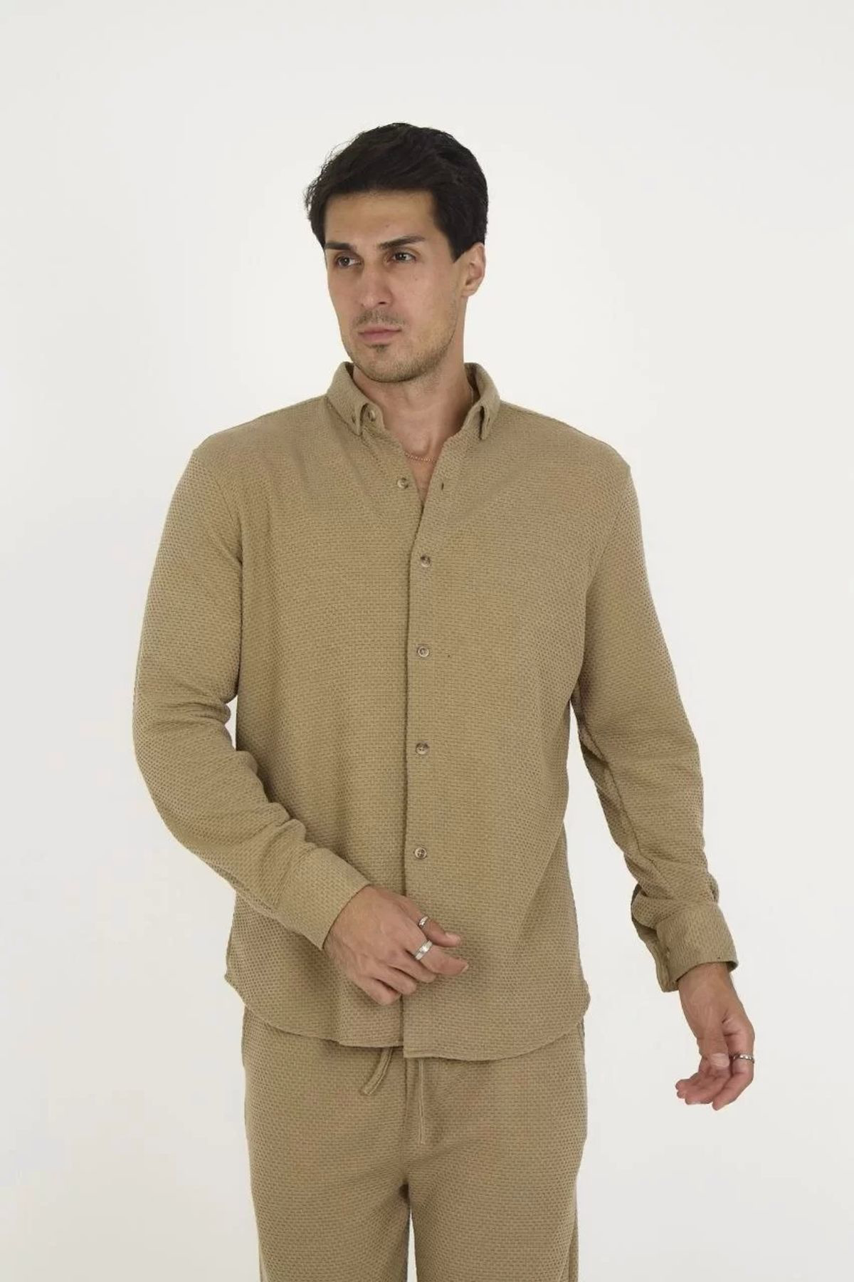 Asturias Düğmeli Tam Kalıp Uzun Kol Jakar Gömlek - Kahverengi