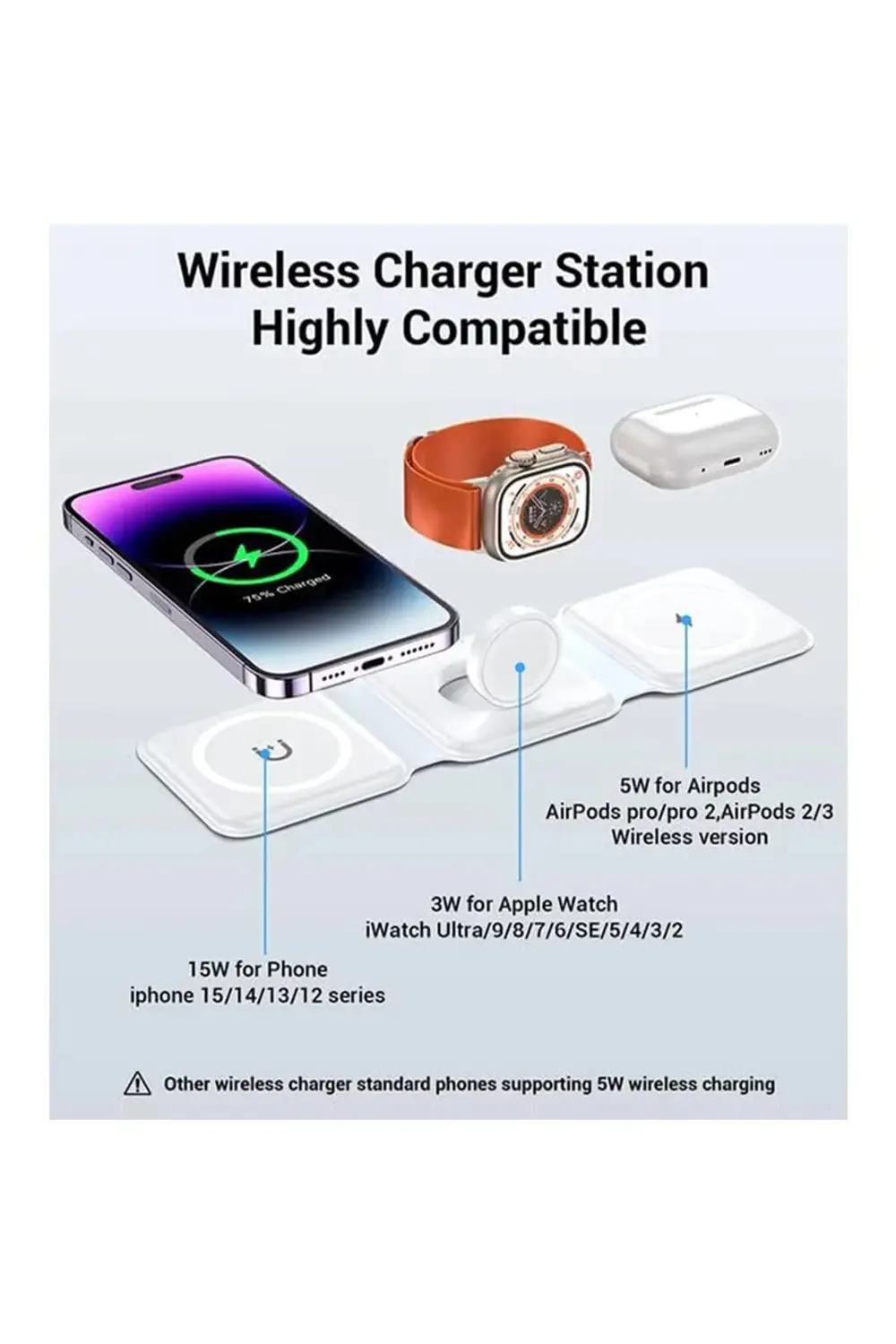 Dunspın 15W 3 in 1 Katlanabilir Kablosuz Şarj Standı Saat-Telefon