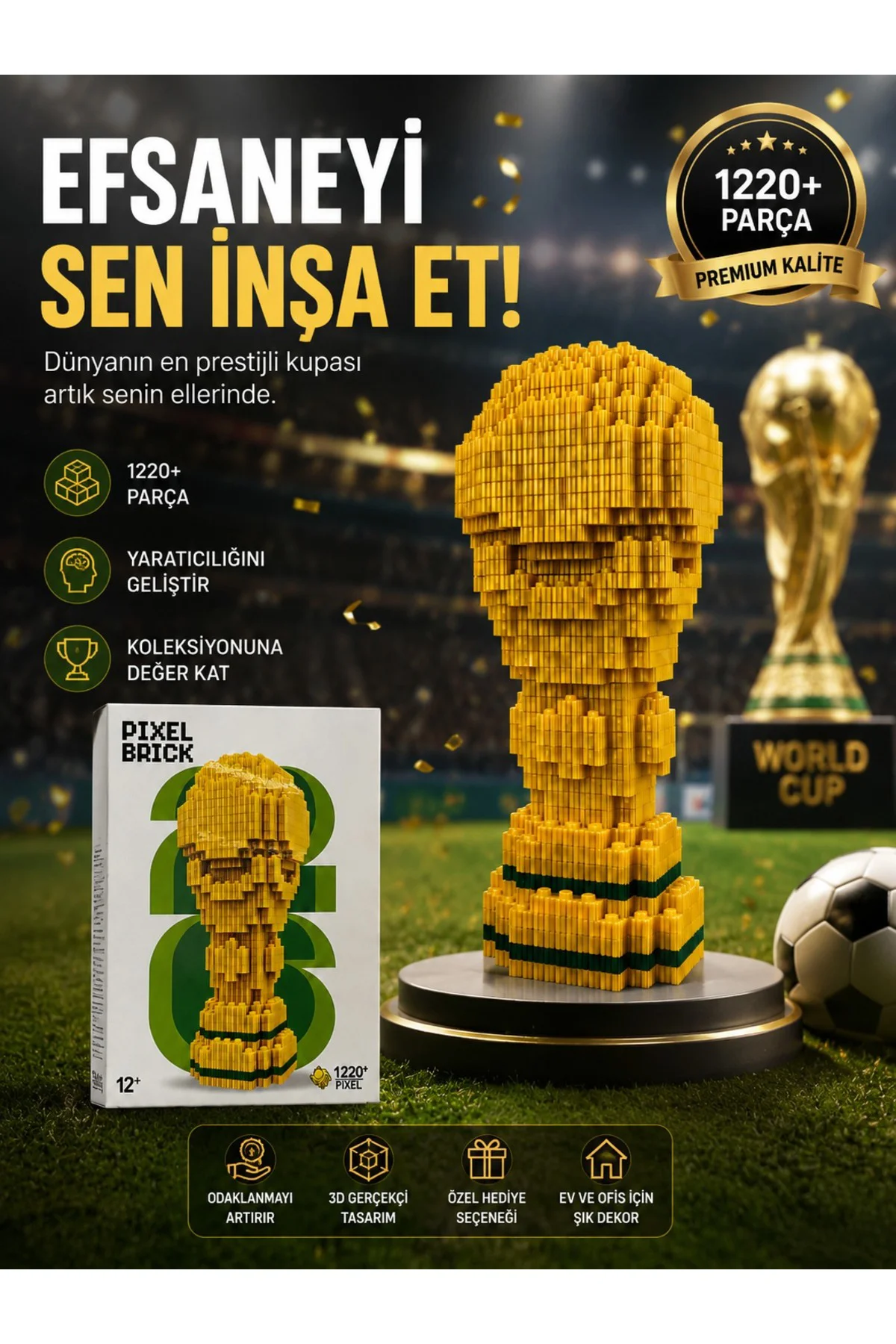 Dünya Kupası Yapı Blok Seti 1220+ Parça Futbol Temalı Koleksiyonluk Pixel Brick Puzzle Oyuncak