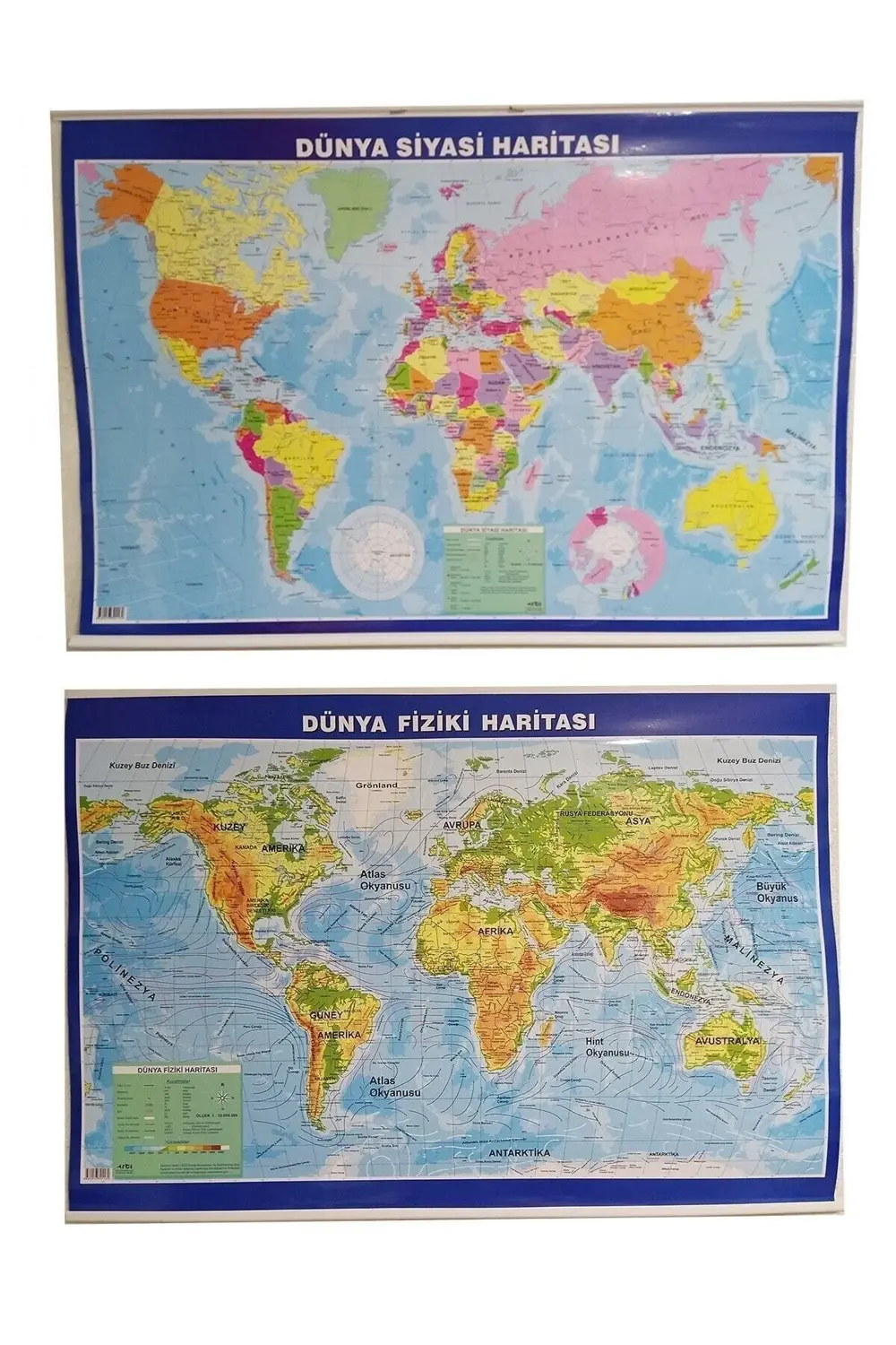 Dünya Siyasi Fiziki Haritası Çift Taraflı 70x100 cm