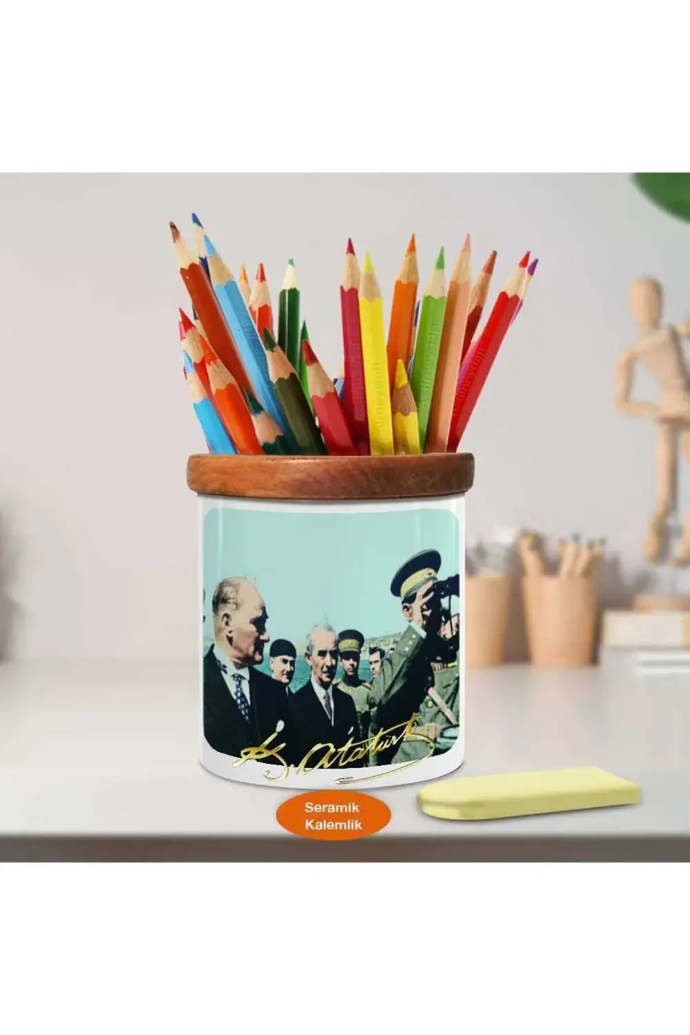 Dürbünlü Asker Ve Kemal Atatürk Ahşap Seramik Kalemlik-ata_363