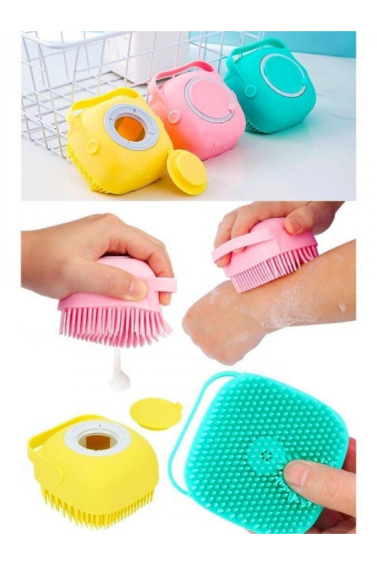 Duş Jeli Ve Şampuan Hazneli Silikon Fırça Kese Masaj Fonksiyonlu 