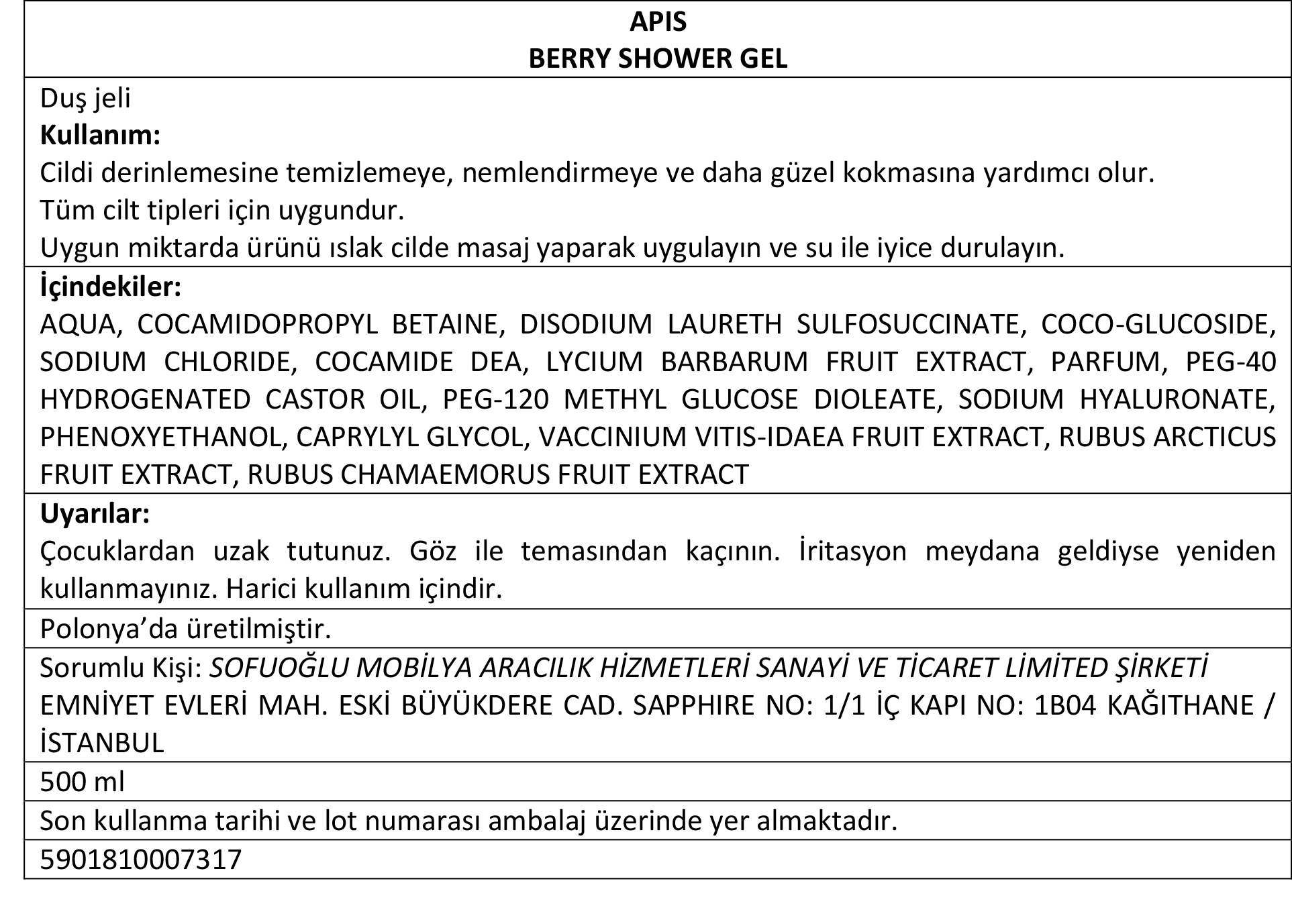 Apis Natural Cosmetics Duş Jeli - Yaban Mersini Kokulu - 7 Fruit Shot - 500 Ml