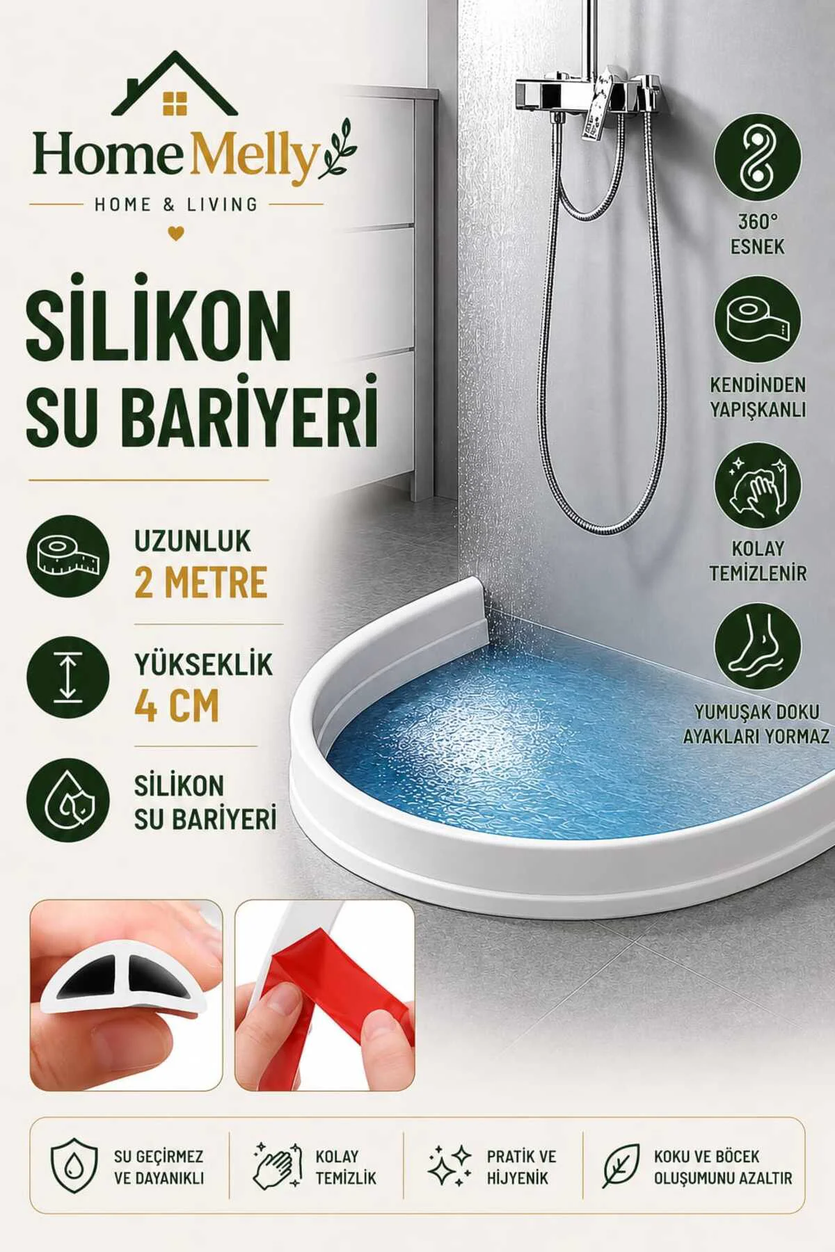 Duş, Kapı Eşiği, Tezgah Üstü Su Bariyeri  Sızdırmaz Yapışkanlı Silikon Bant İzolasyon Bandı(2 METRE)