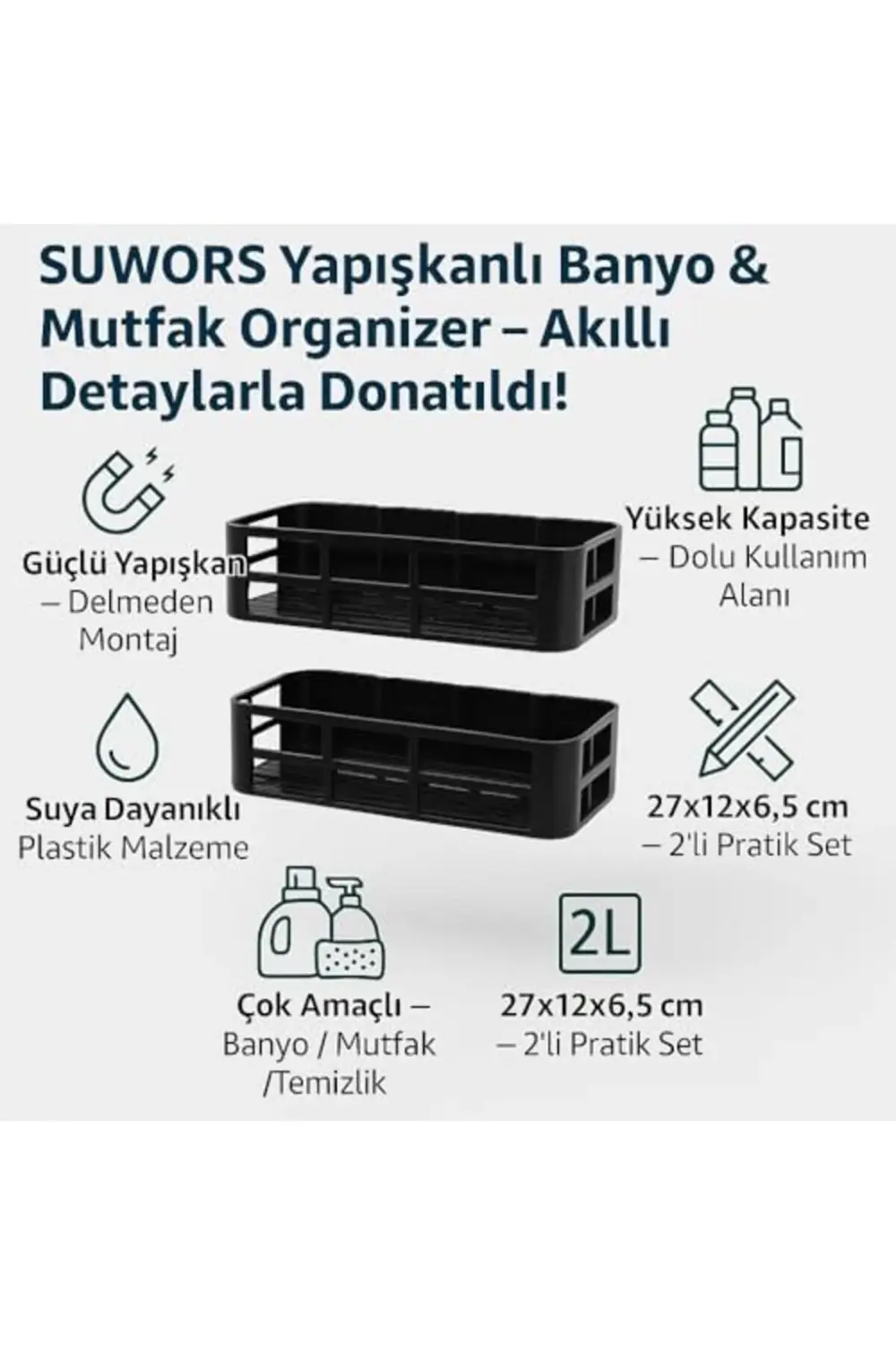 Duş Rafı – Paslanmaz Banyo Şampuanlık Organizer | Delmeden Montaj