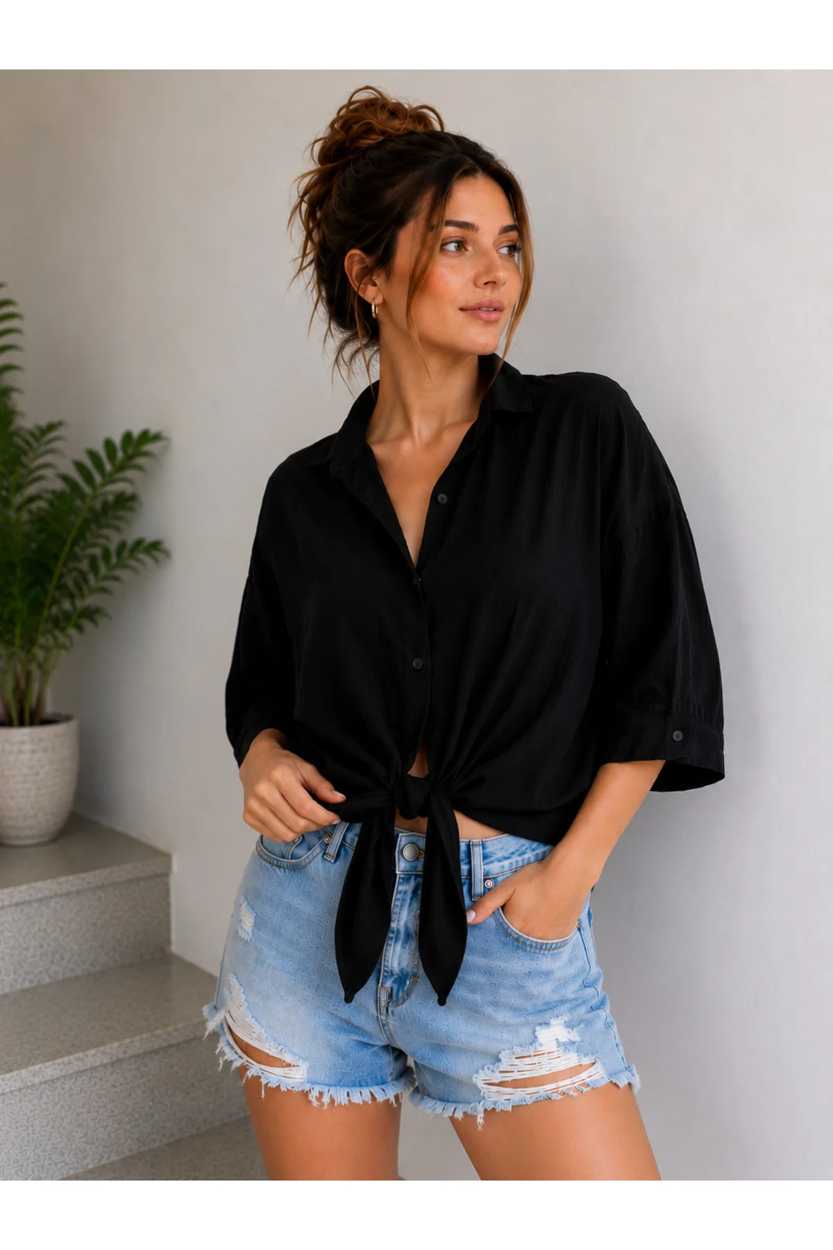 Düşük kollu Oversize Crop Gömlek Bağlama Detaylı Keten Karışımlı