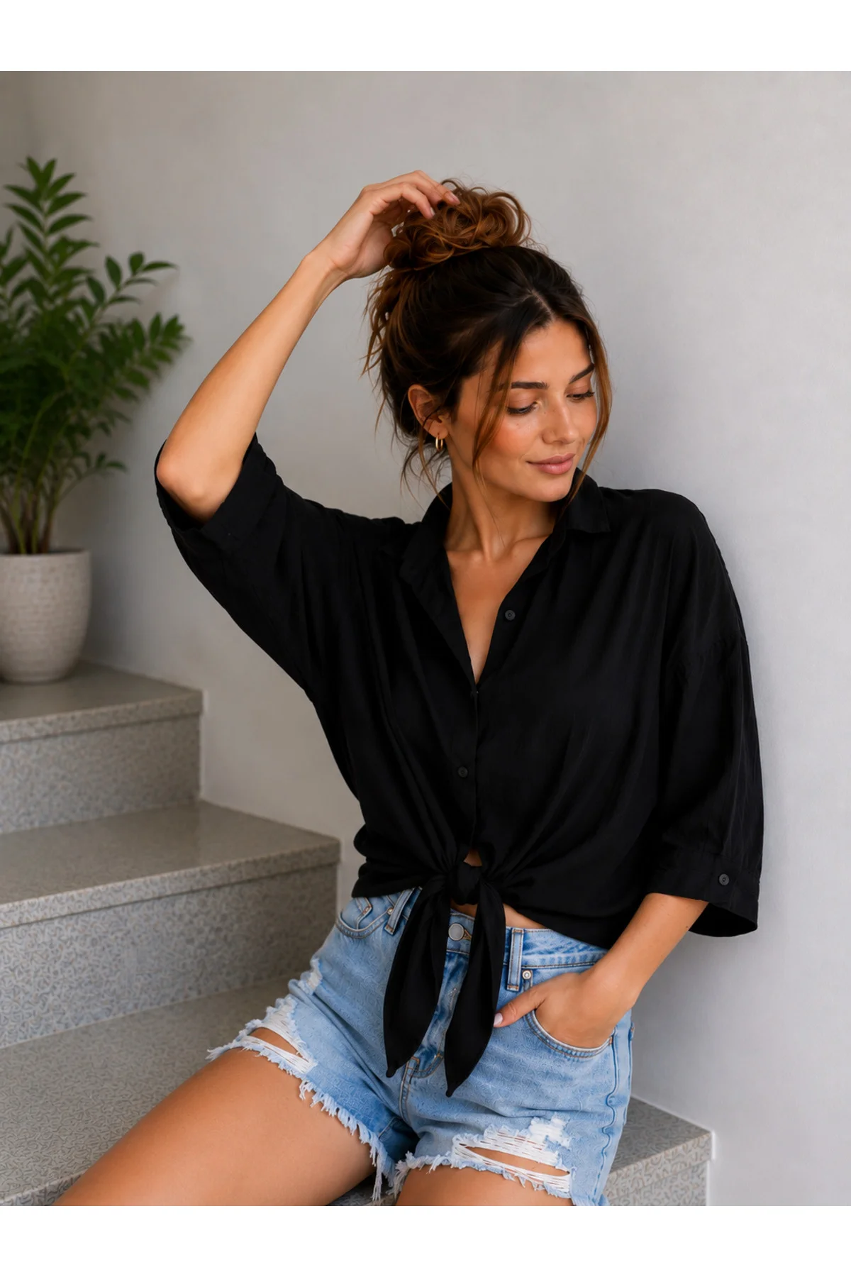 Düşük kollu Oversize Crop Gömlek Bağlama Detaylı Keten Karışımlı