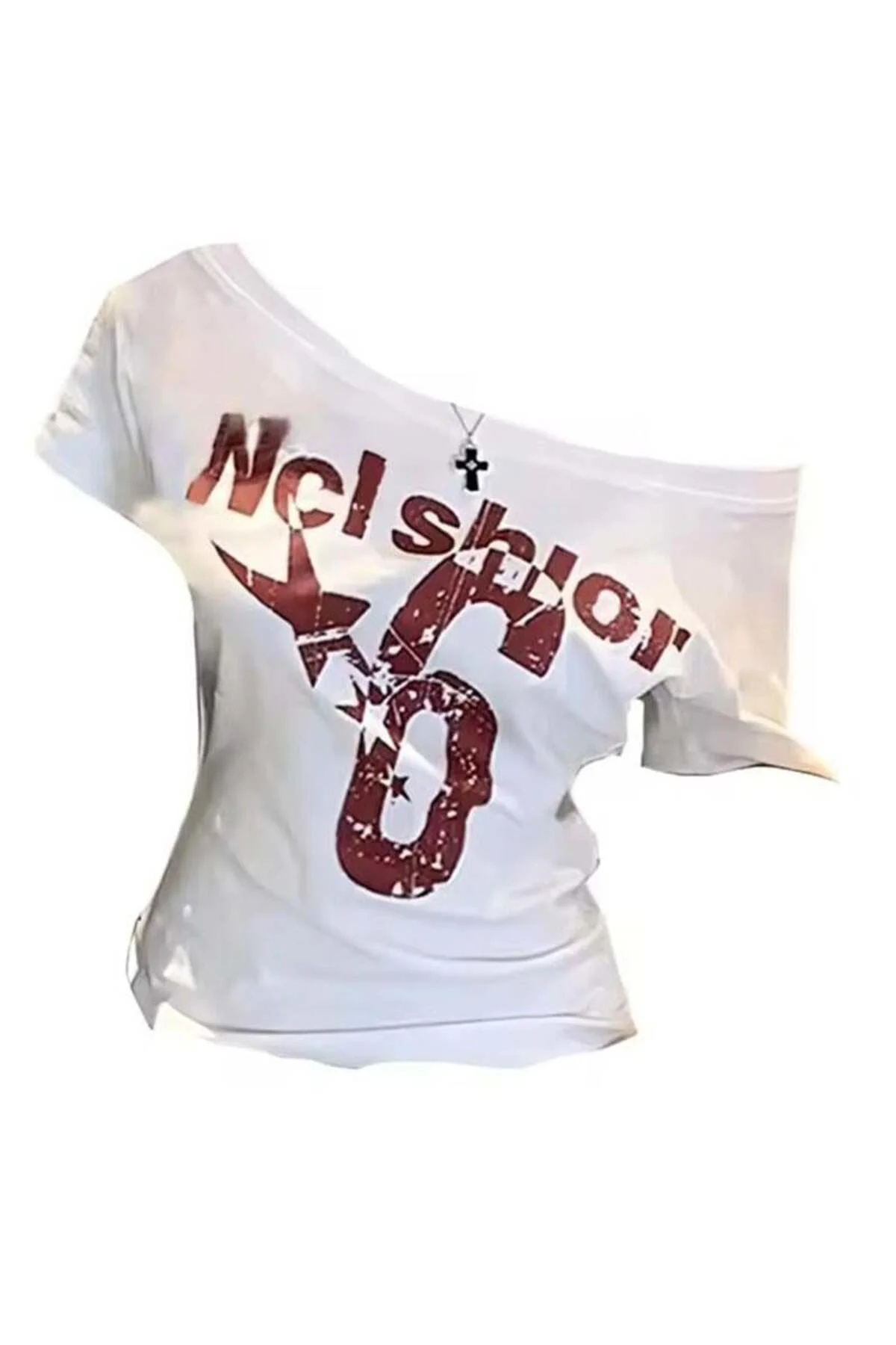 Düşük Omuz Nclshior No 6 Baskılı Kısa Tshirt
