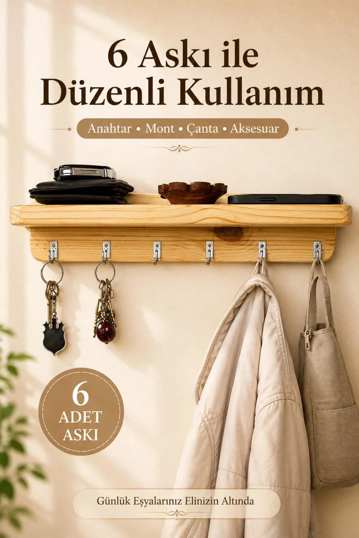 Duvar Askılığı Ahşap Portmanto Kıyafet Askılığı, Anahtarlık