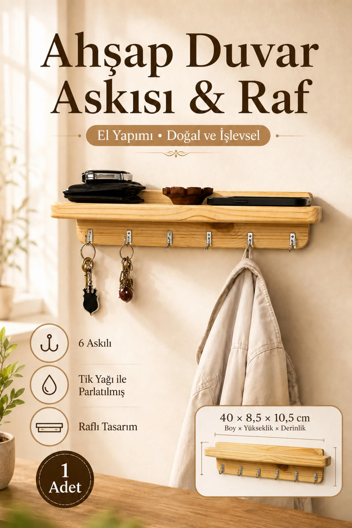 Duvar Askılığı Ahşap Portmanto Kıyafet Askılığı, Anahtarlık