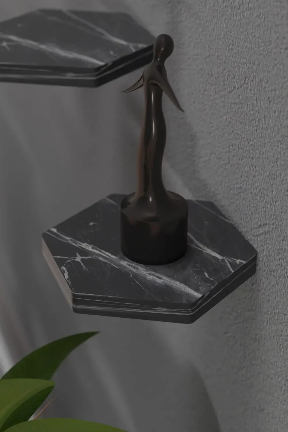 Duvar Rafı Dekoratif 3 Adet Çiçeklik Altıgen Siyah Mermer Desen