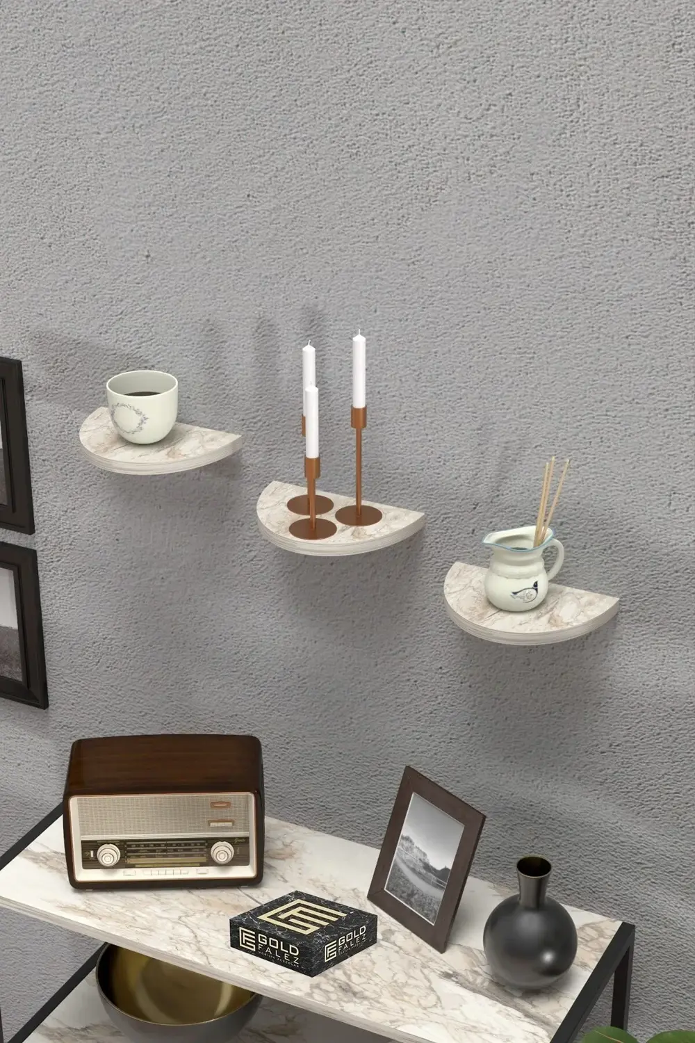 Duvar Rafı Dekoratif 3 Adet Çiçeklik Oval Efes