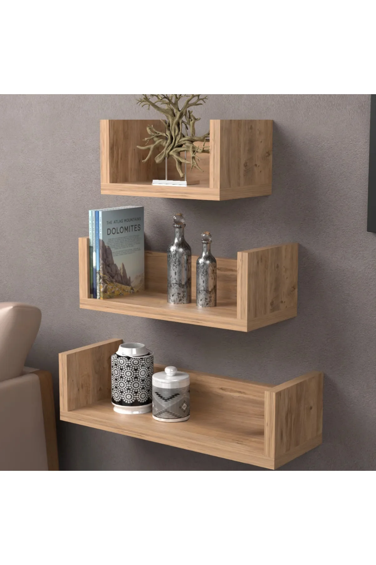 Duvar Rafı Dekoratif U Raf Ceviz