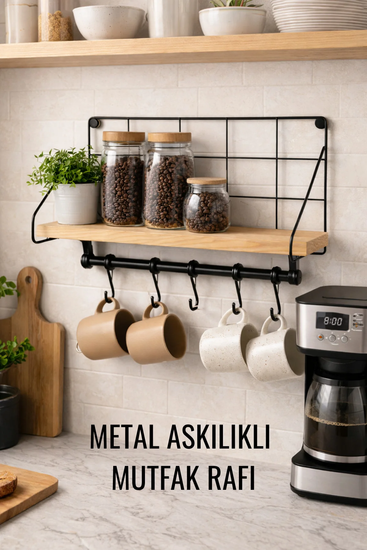 Duvar Rafı Metal Ahşap Kahve Köşesi Rafı Kancalı Askı Baharatlık