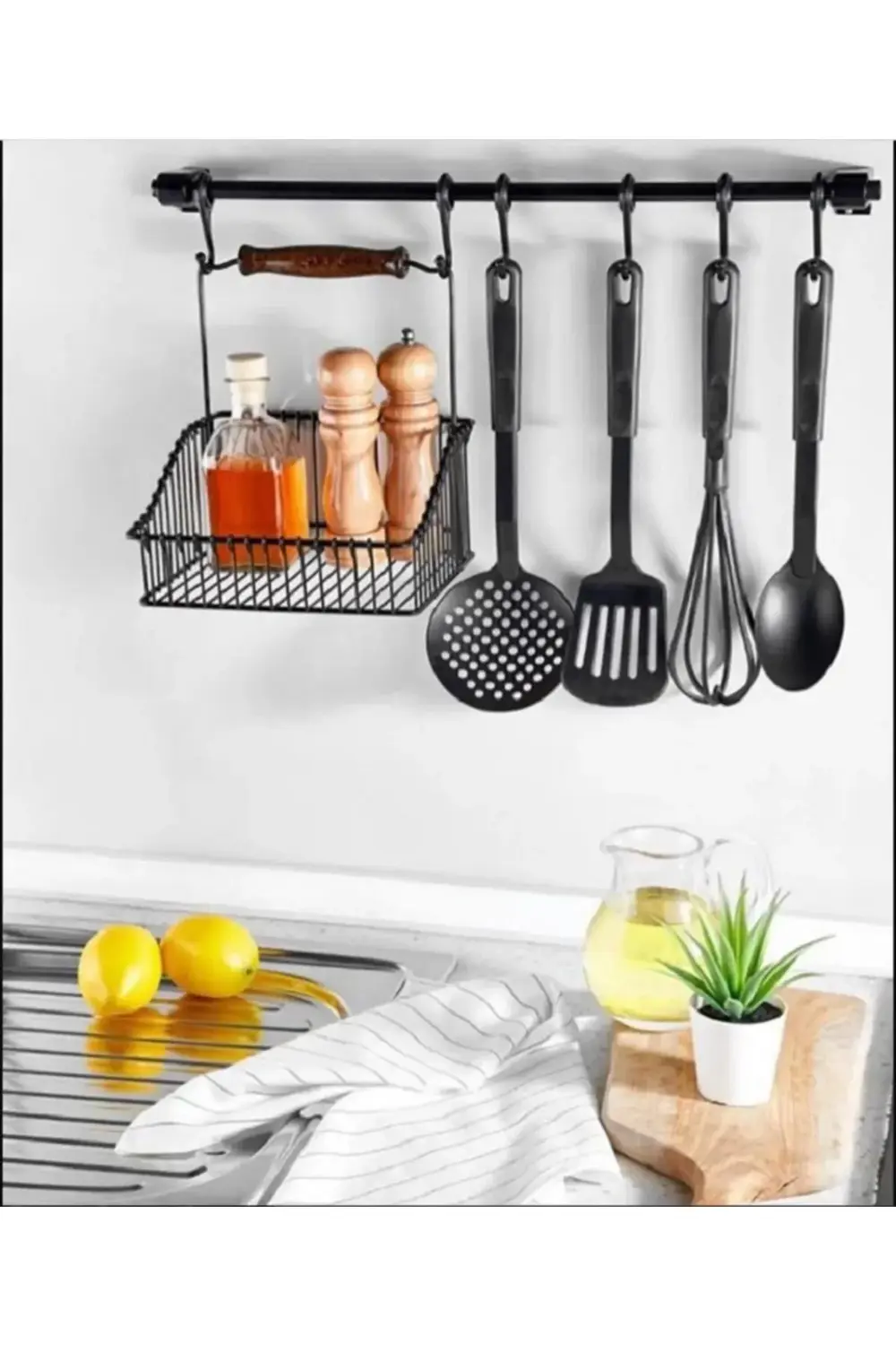 Duvar Rayı Askılık Siyah Askı Mutfak Askısı Sepetli Askılık Siyah