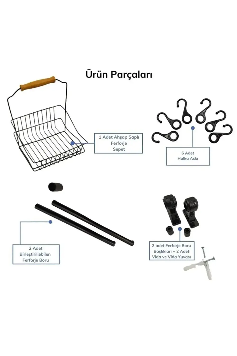 Duvar Rayı Askılık Siyah Askı Mutfak Askısı Sepetli Askılık Siyah