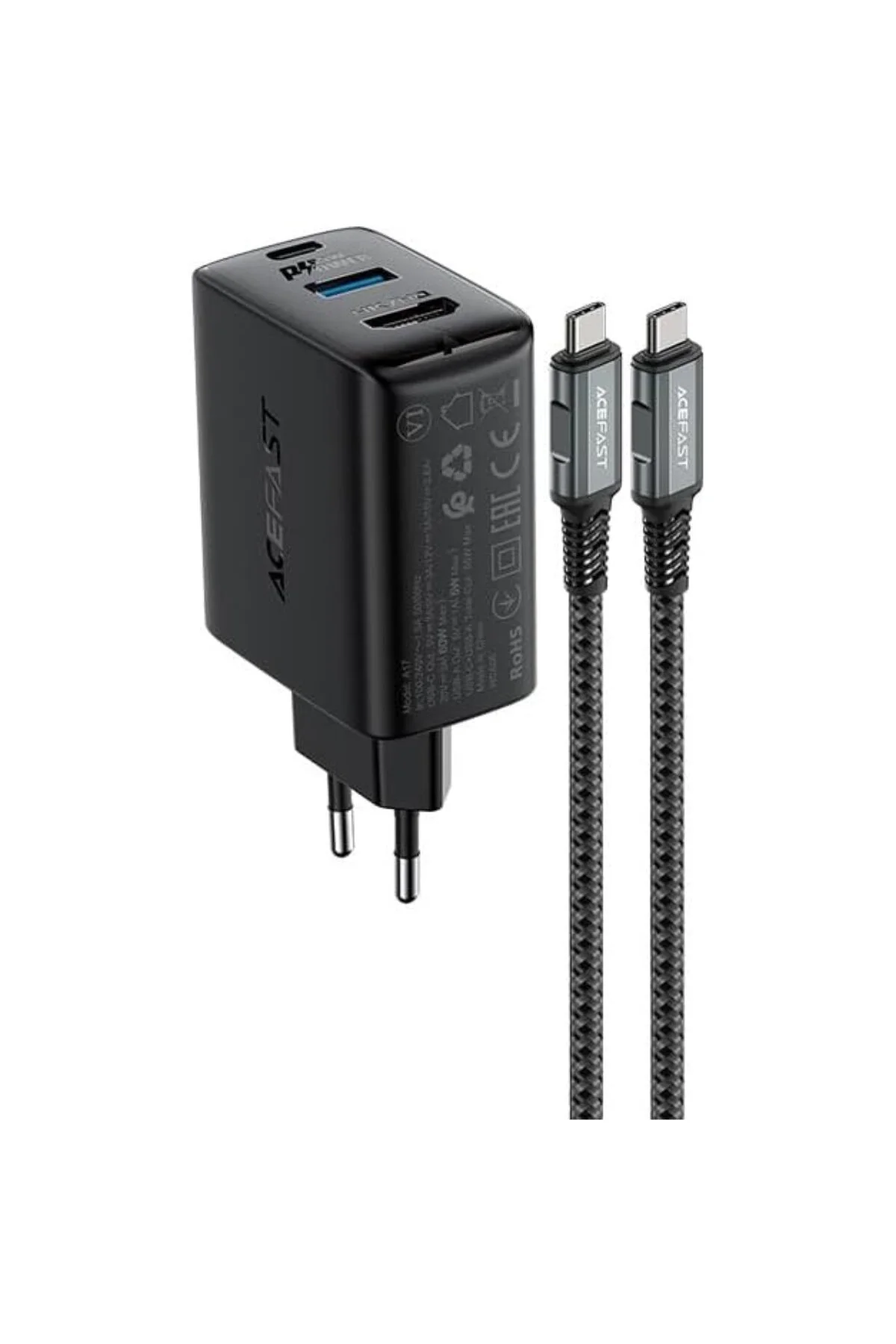 Duvar Şarj Cihazı Akıllı Şarj Cihazı Type-C to Type-C Şarj Kablo USB-C - 60W + USB-