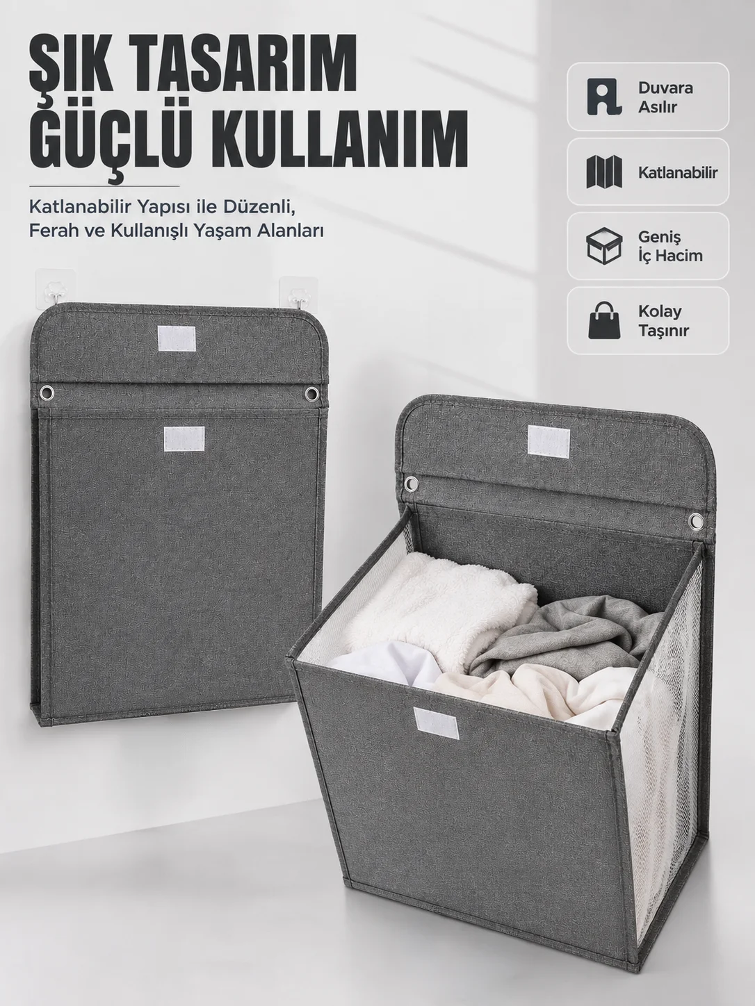 Duvara Asılabilir Katlanabilir Kirli Çamaşır Sepeti Geniş Hacimli Düzenleyici