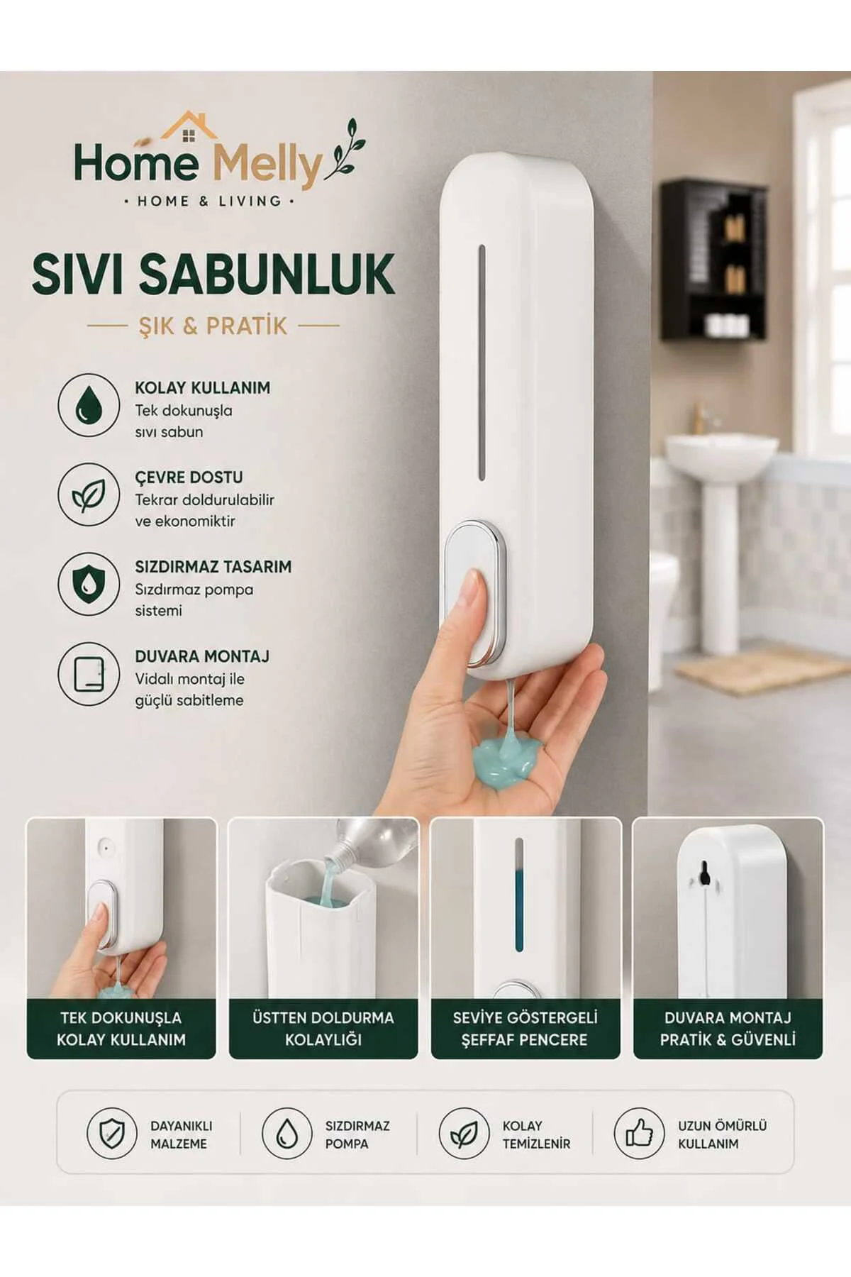 Duvara Monte Edilebilen Kapaklı Lüks 300 ml Pompalı Sıvı Sabunluk – Beyaz ve Siyah Renk